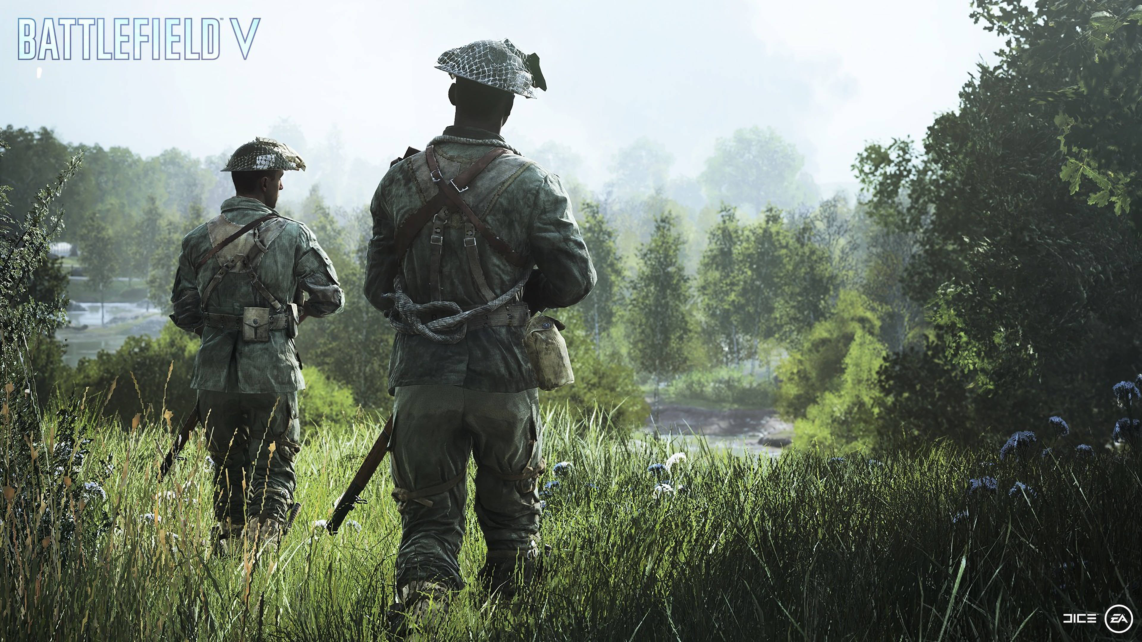 森林 桌布 壁紙 — 兩名穿著二戰軍服的士兵站在高草叢中，俯瞰著明亮日光下霧氣瀰漫的森林山谷。