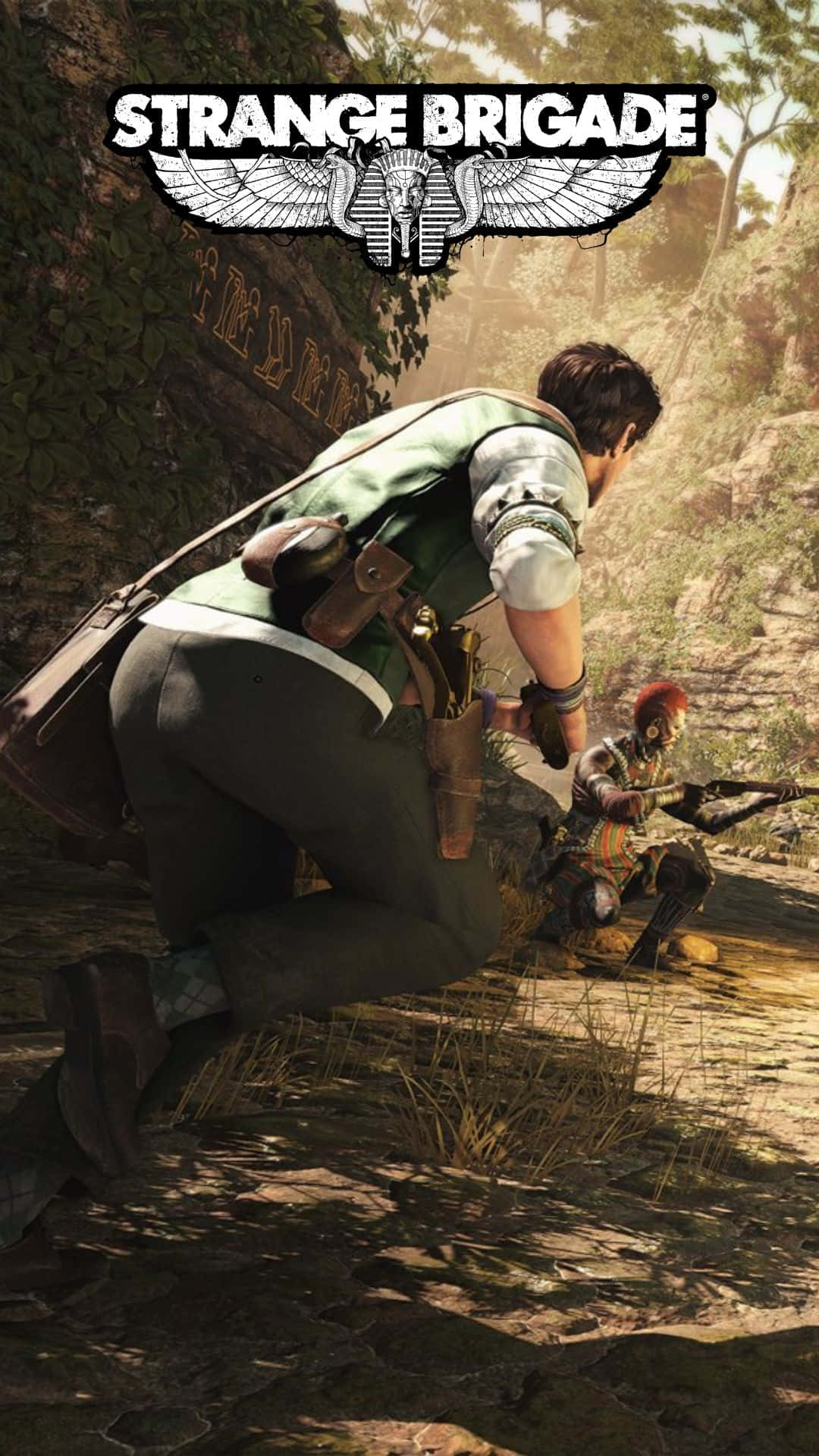 Android Strange Brigade 桌布 壁紙 — 兩名穿著堅固裝備的冒險家蹲在陽光明媚的叢林空地中，將武器瞄準看不見的威脅。