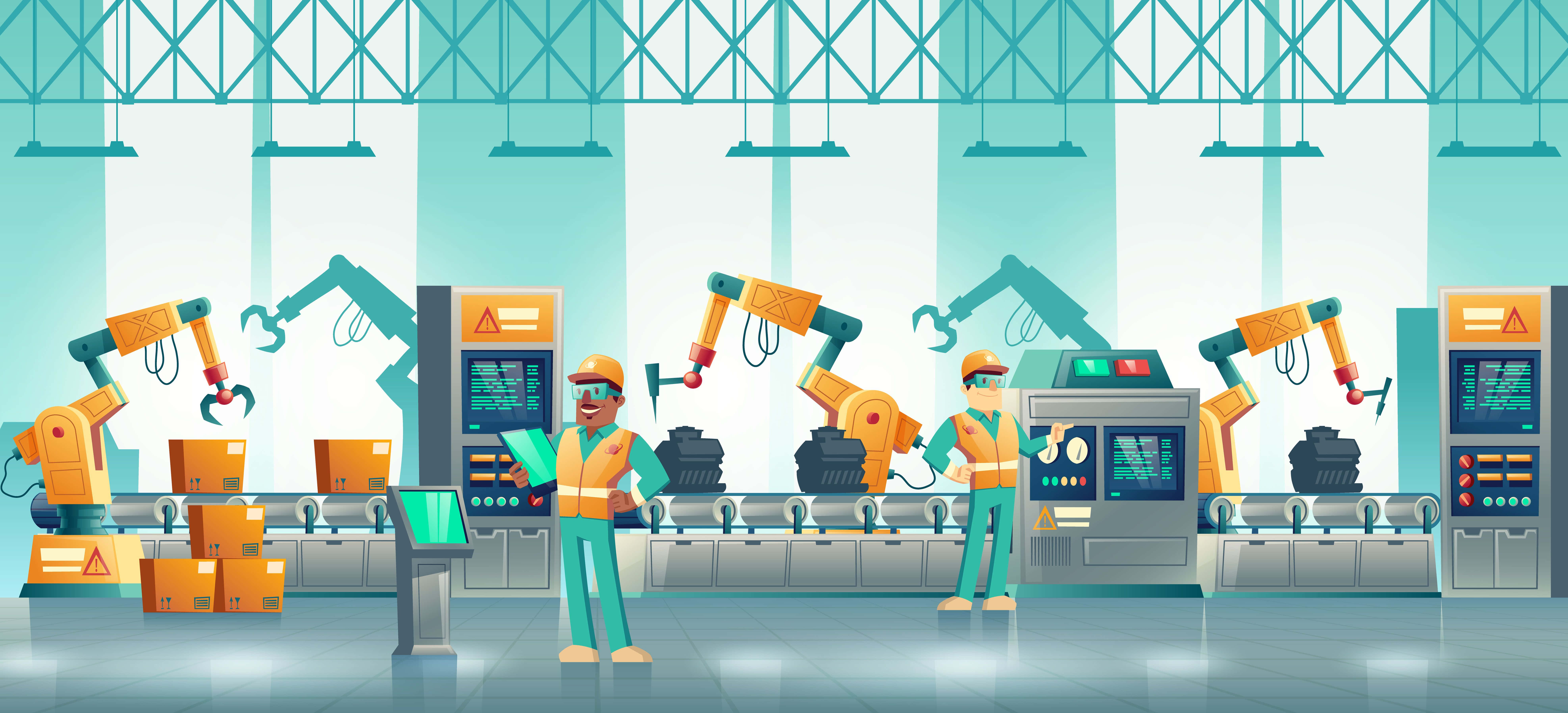 Manufacturing 桌布 壁紙 — 兩名穿著安全裝備的工人在明亮的藍綠色工業工廠中操作機械臂，工廠設有輸送帶和控制面板。