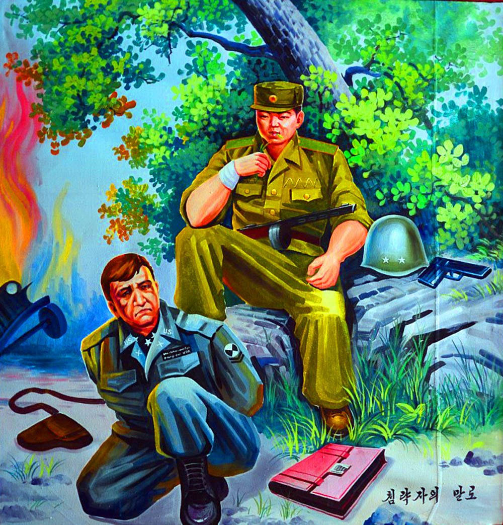North Korea 桌布 壁紙 — 兩名穿著對比制服的士兵坐在茂密的綠色樹葉中，背景是猛烈的爆炸。