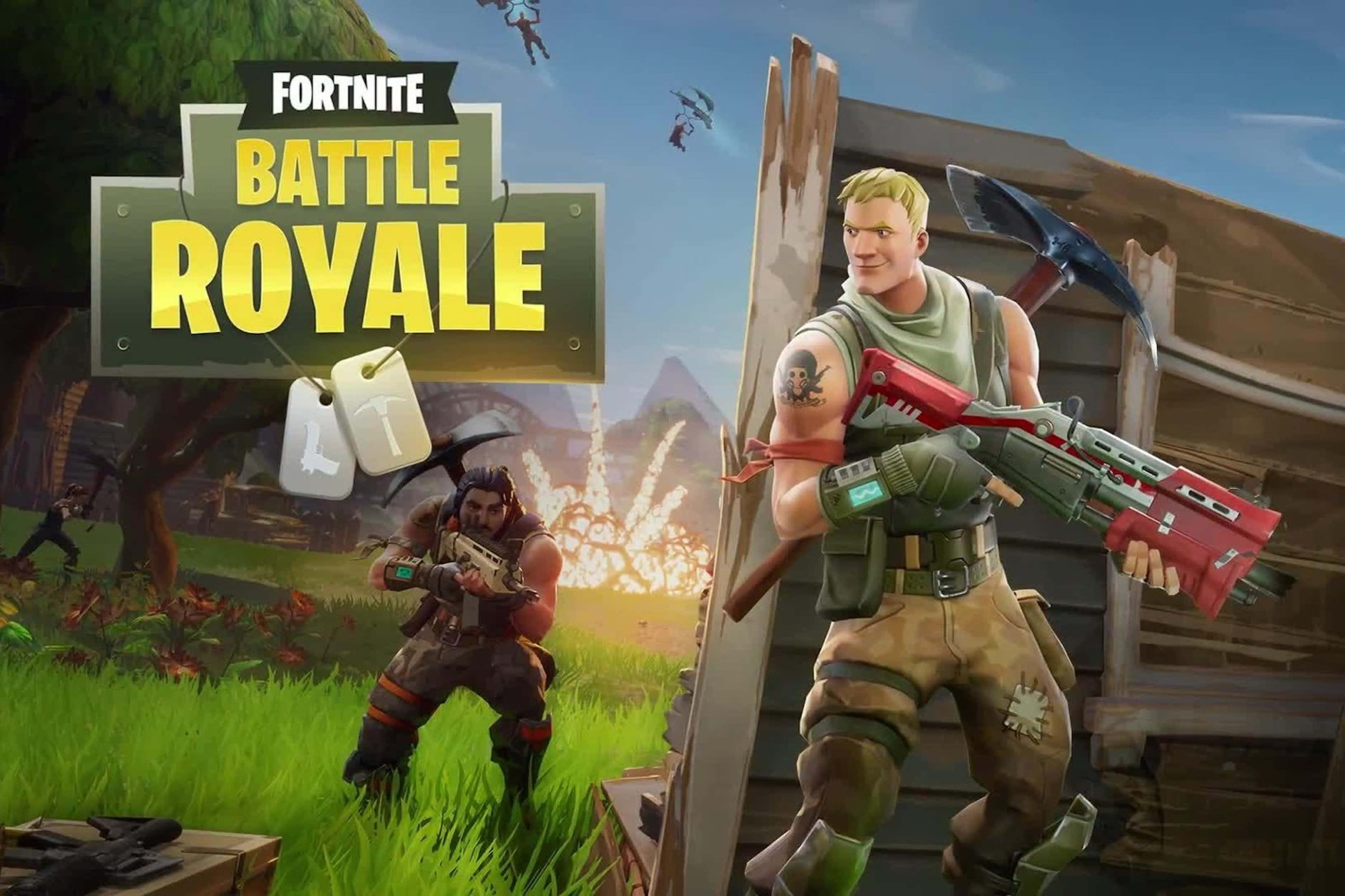 Adventure Game 桌布 壁紙 — 兩名穿著戰鬥裝備的 Fortnite Battle Royale 角色在草地上準備就緒，背景有爆炸和飛行的滑翔機。