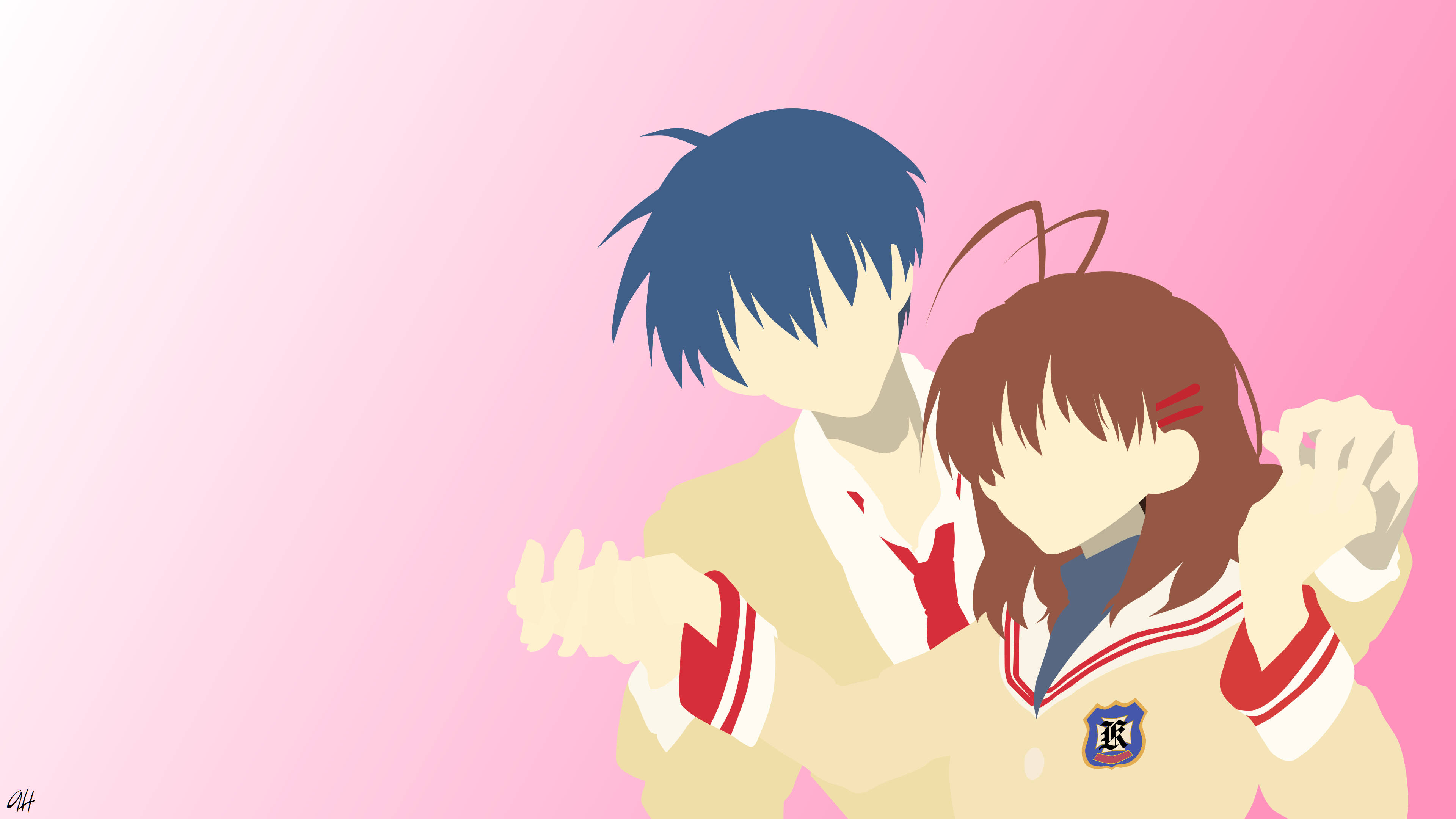 Clannad 桌布 壁紙 — 兩名穿著校服的動漫學生在柔和的粉紅色漸變背景前溫暖地擁抱。
