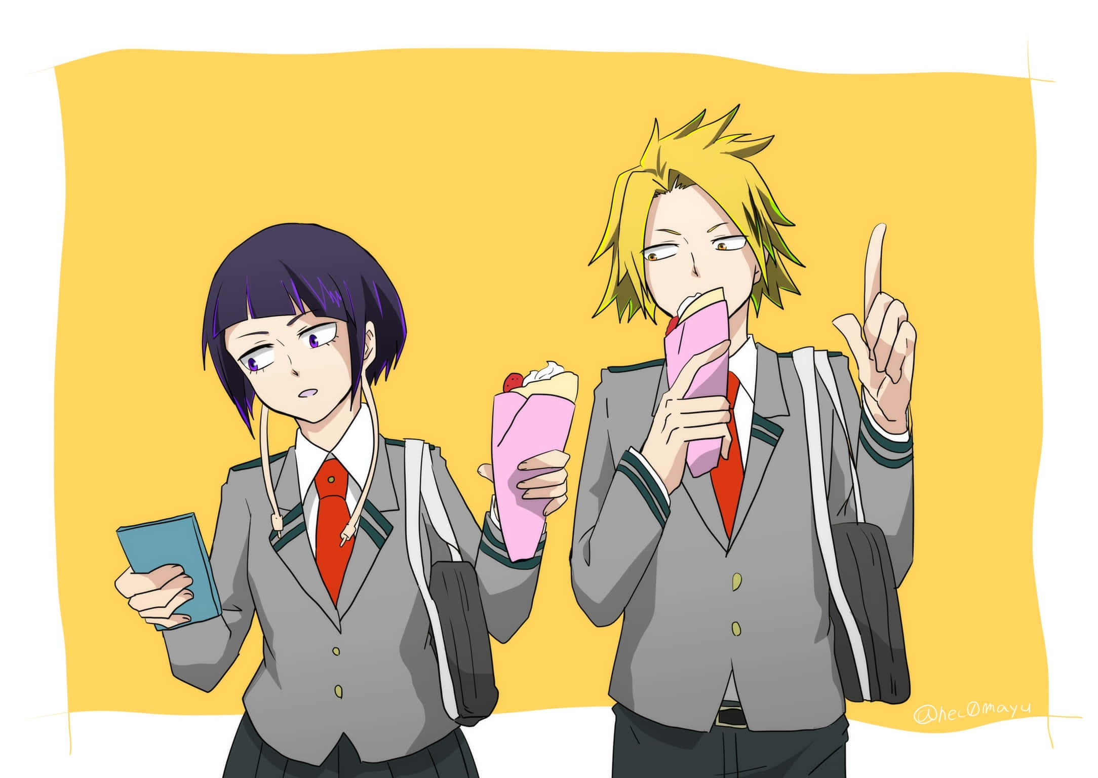 Kyoka Jiro 桌布 壁紙 — 兩名穿著校服的動漫學生在純黃色背景前吃冰淇淋。