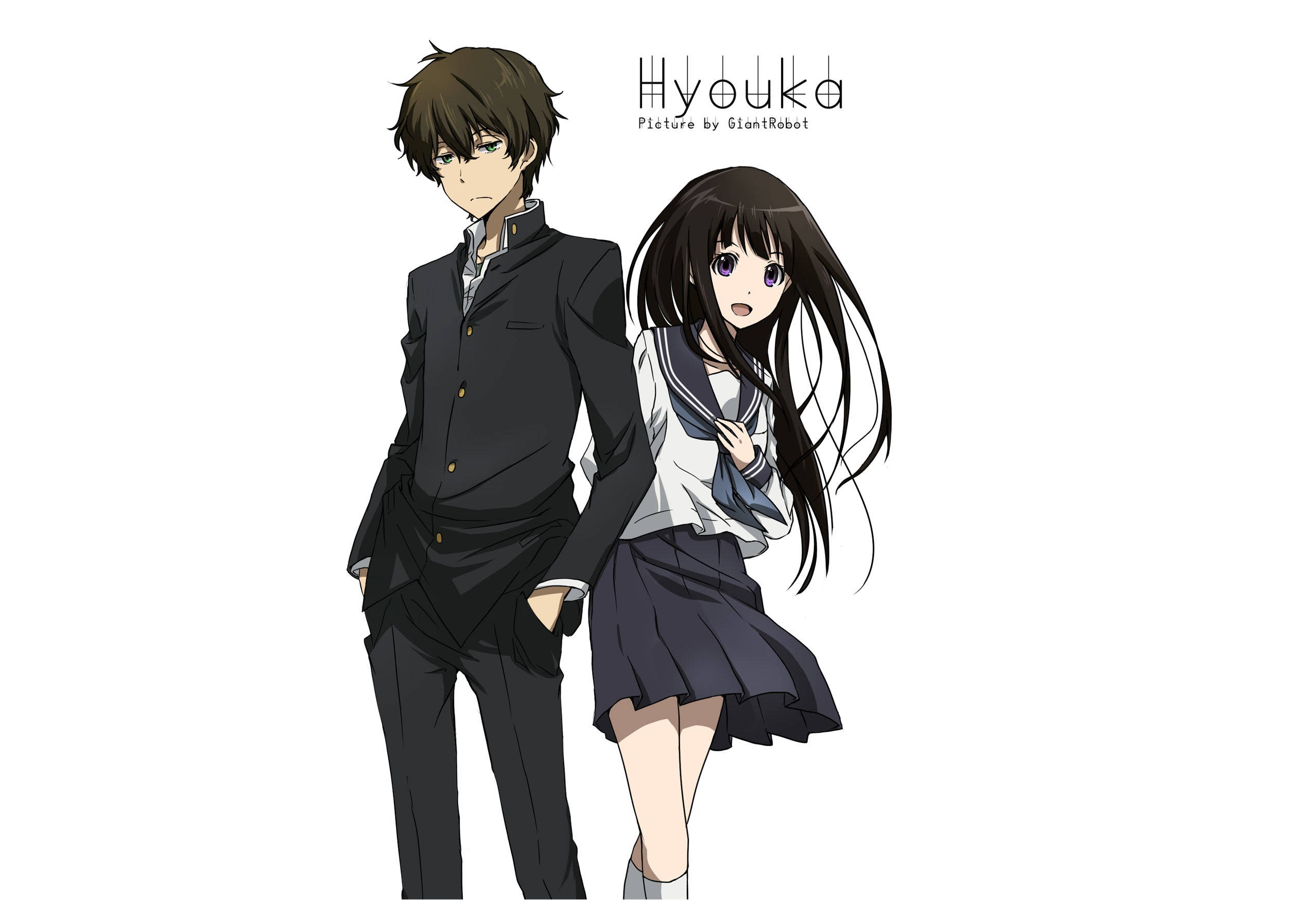 Oreki Houtarou 桌布 壁紙 — 兩名穿著校服的動漫學生站在純白色背景前，一人雙手插袋，另一人顯得驚訝。