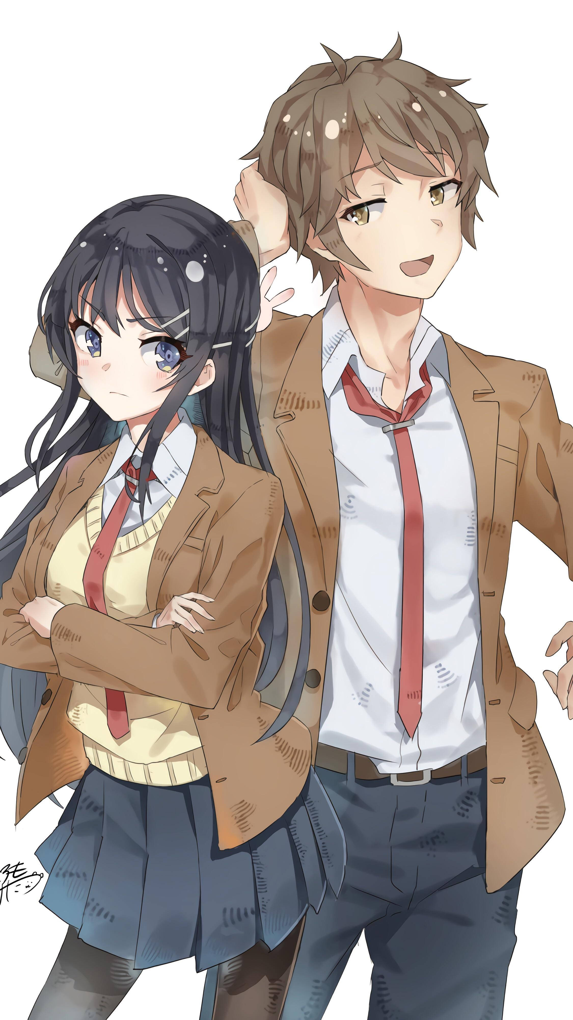 Rascal Does Not Dream Of Bunny Girl Senpai 桌布 壁紙 — 兩名穿著校服的動漫學生站得很近，一人交叉雙臂，另一人微笑著把手放在頭上。