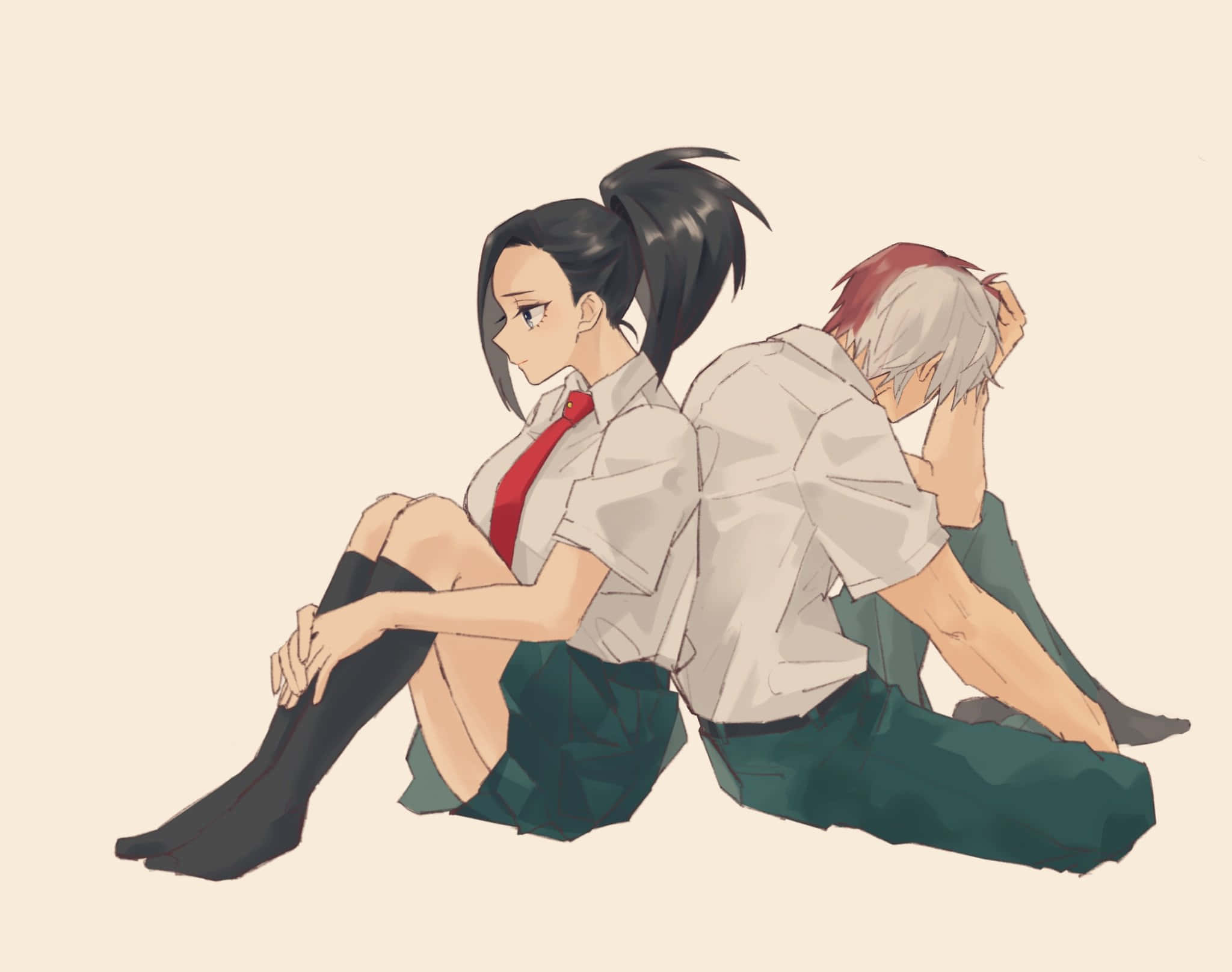Momo Yaoyorozu 桌布 壁紙 — 兩名穿著校服的動漫學生背對背坐著，背景為中性米色。