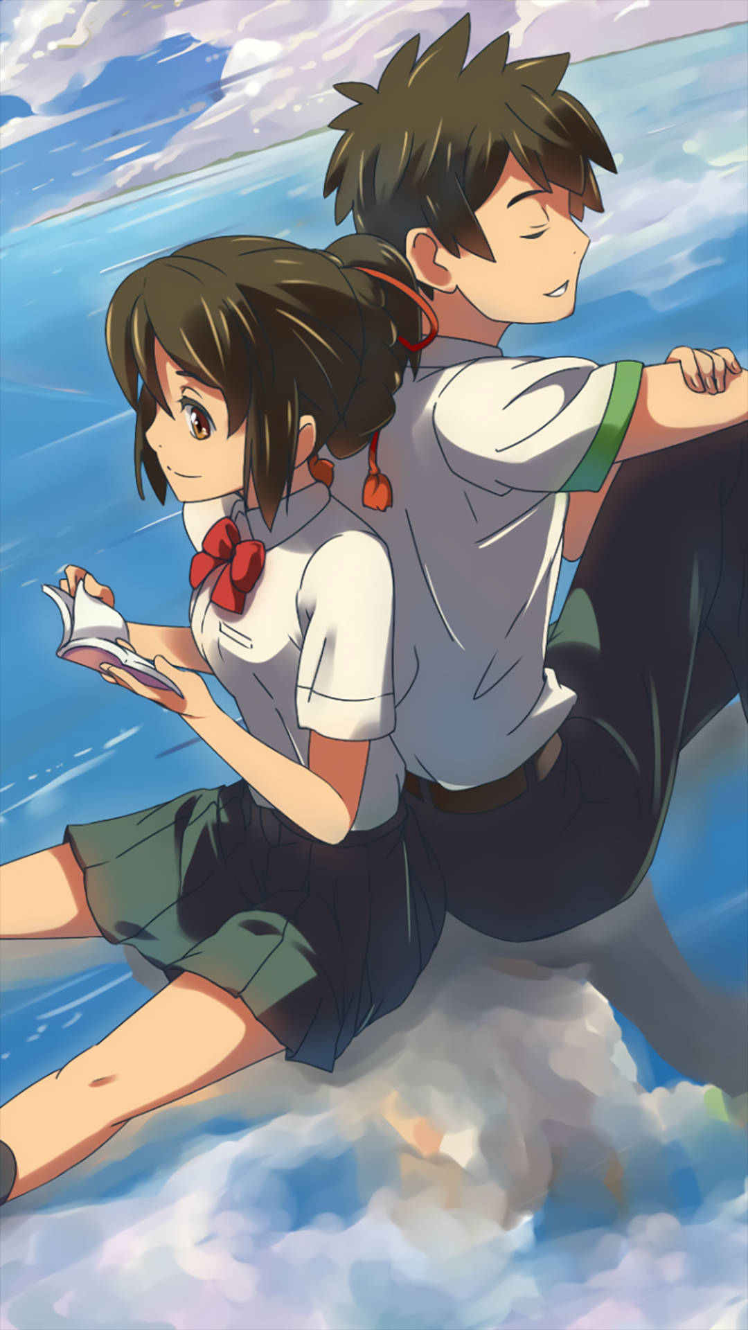 kimi no na wa phone 桌布 壁紙 — 兩名穿著校服的動畫學生在雲端上平靜地漂浮，一起閱讀一本書。