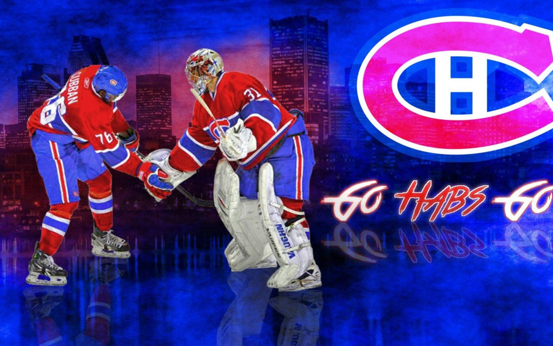 Canadiens 桌布 壁紙 — 兩名穿著紅藍球衣的蒙特婁加拿大人冰球球員在冰上握手，背景是發光的城市天際線和球隊標誌。