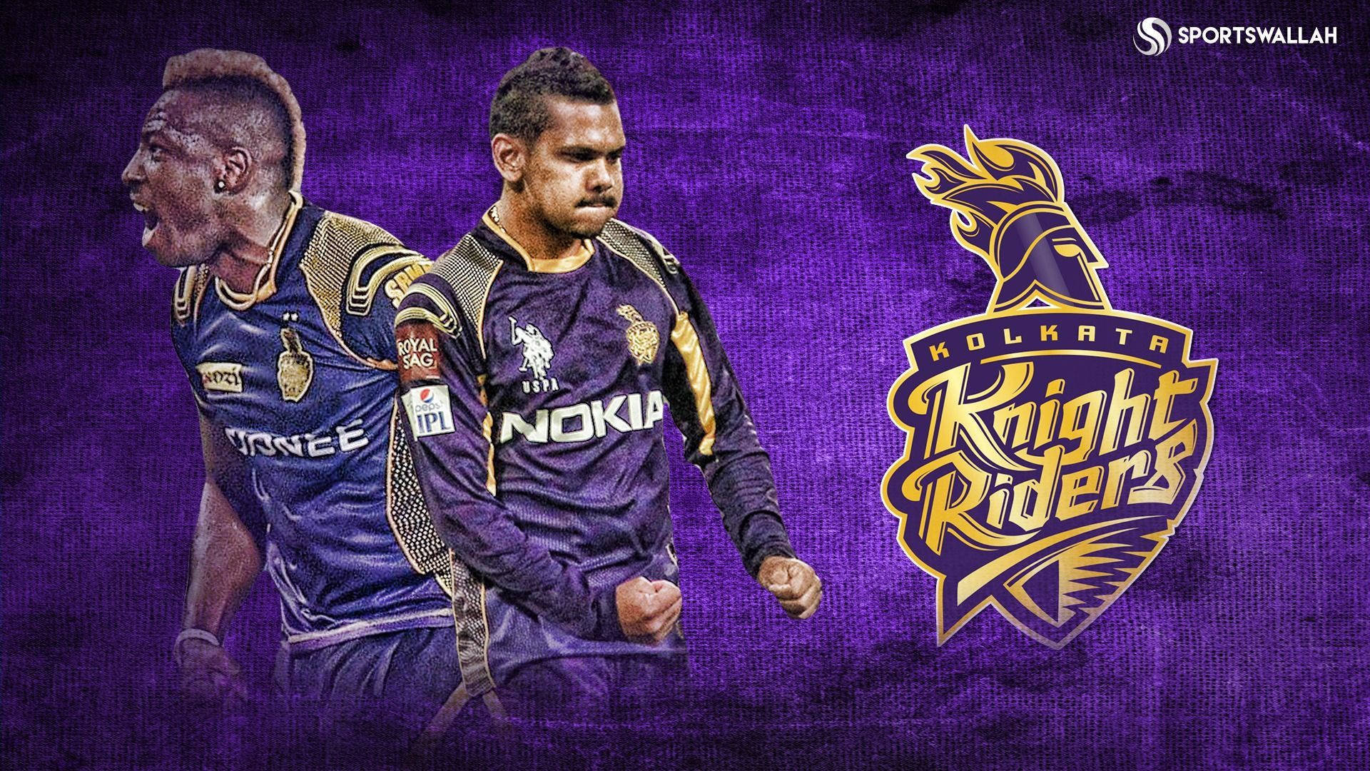 Kolkata 桌布 壁紙 — 兩名穿著紫色和金色Kolkata Knight Riders球衣的板球運動員在帶有球隊標誌的紋理紫色背景前動態擺姿勢。