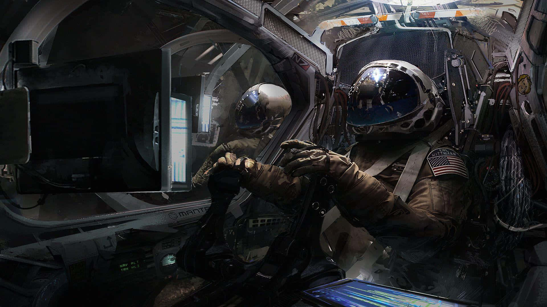 Astronaut Desktop 桌布 壁紙 — 兩名穿著細節太空服的太空人在光線昏暗的太空船駕駛艙內操作控制裝置，艙內充滿發光面板和複雜機械。