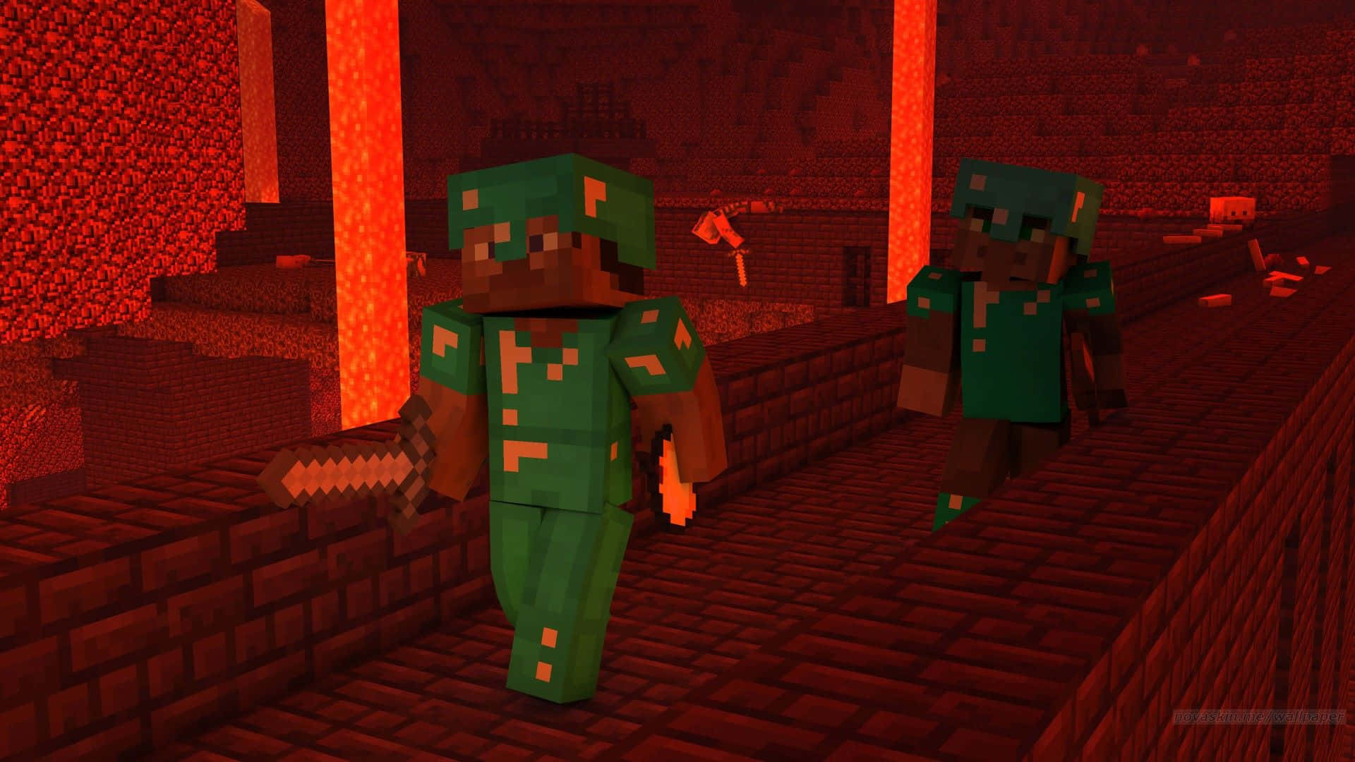 Minecraft Armor 桌布 壁紙 — 兩名穿著綠色盔甲的Minecraft玩家走過一座有發光熔岩柱的熾熱地獄堡壘。