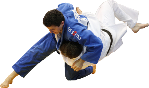 martial arts 桌布 壁紙 — 兩名穿著藍白色柔道服的柔道選手在色彩繽紛的抽象背景前執行一個動態的投擲動作。