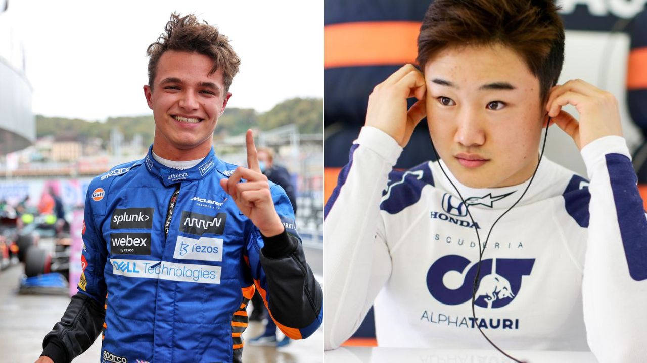 yuki tsunoda 桌布 壁紙 — 兩名穿著賽車服的F1車手，一名微笑指著，另一名在賽道上調整耳機。