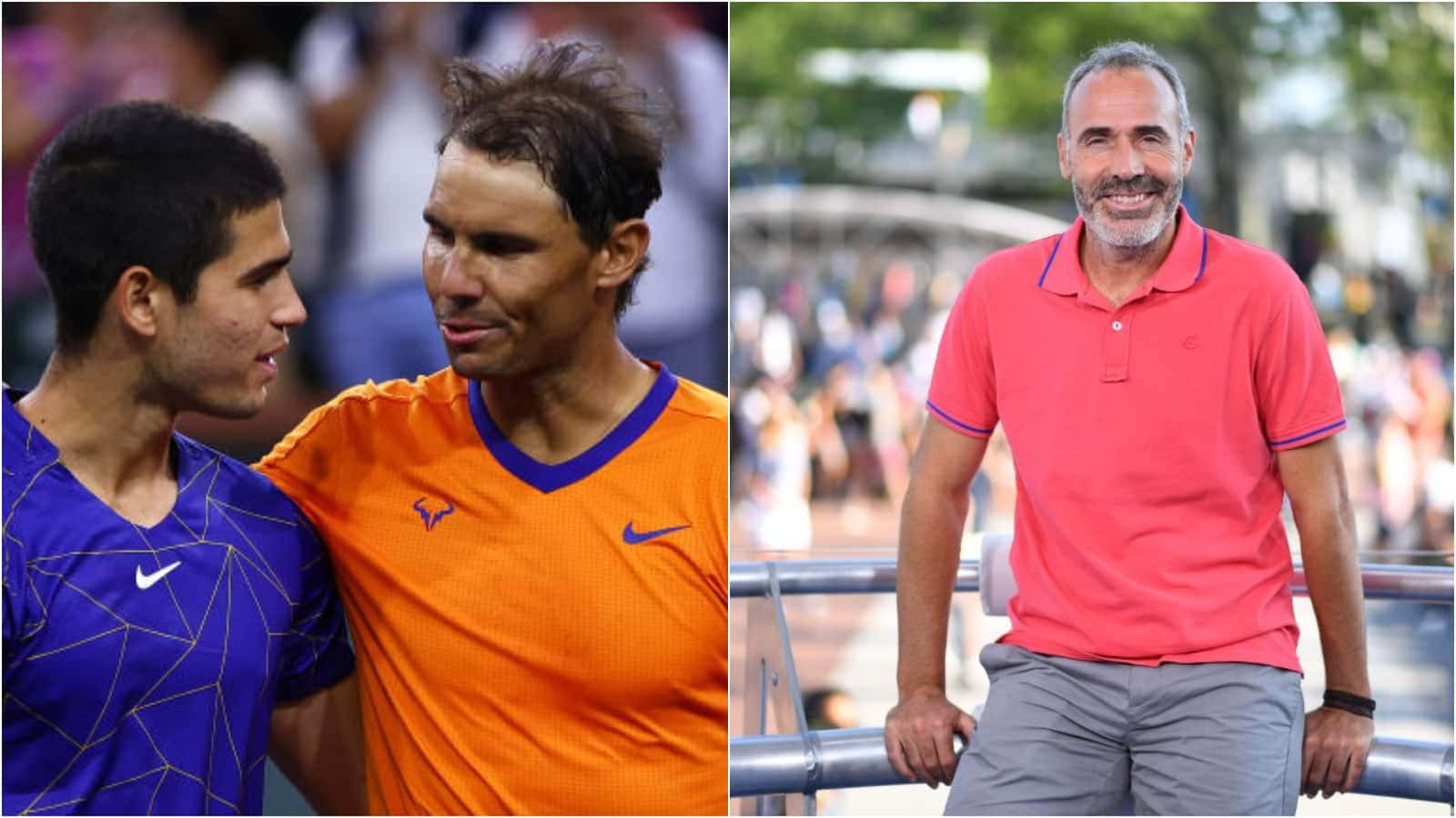 Tennis 桌布 壁紙 — 兩名穿著鮮豔球衣的網球運動員分享一個時刻，而一名微笑的紅POLO衫男子站在欄杆旁。