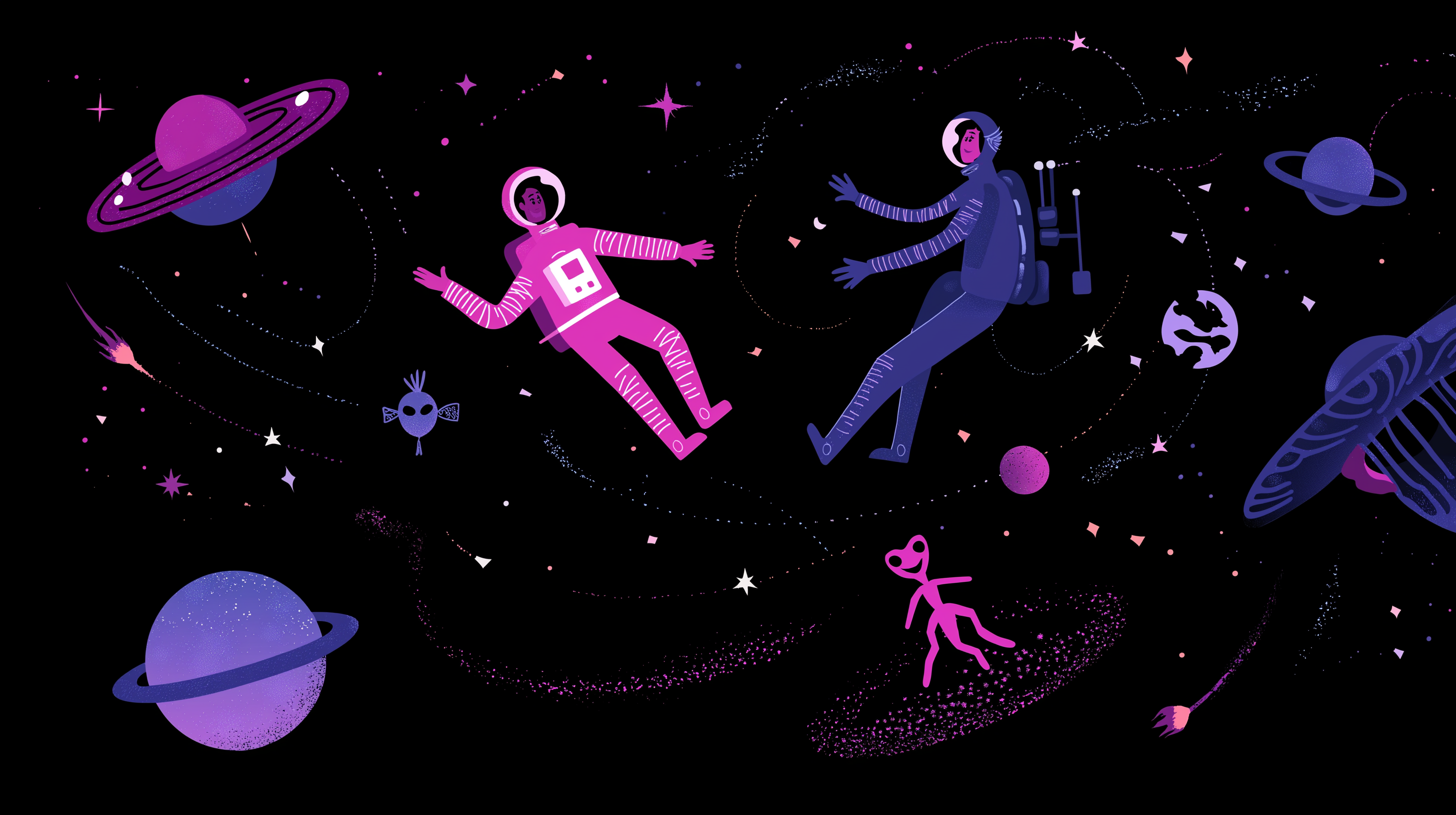 Spacecraft 桌布 壁紙 — 兩名穿著鮮豔粉紅色和藍色太空衣的太空人在一個風格化的宇宙場景中漂浮在發光的行星和星星之間。