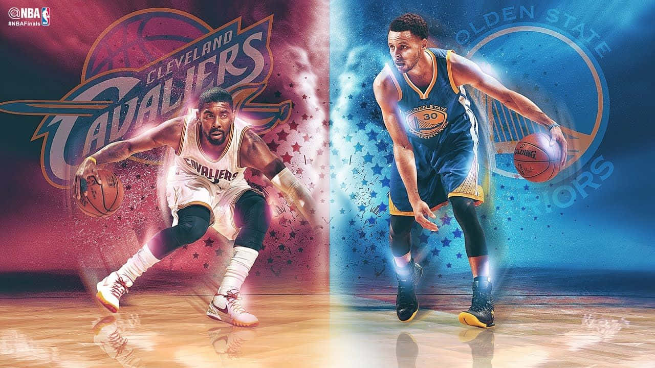 Kyrie Irving Cool 桌布 壁紙 — 兩名籃球運動員以動作姿勢分割畫面，背後有紅色和藍色的球隊標誌。
