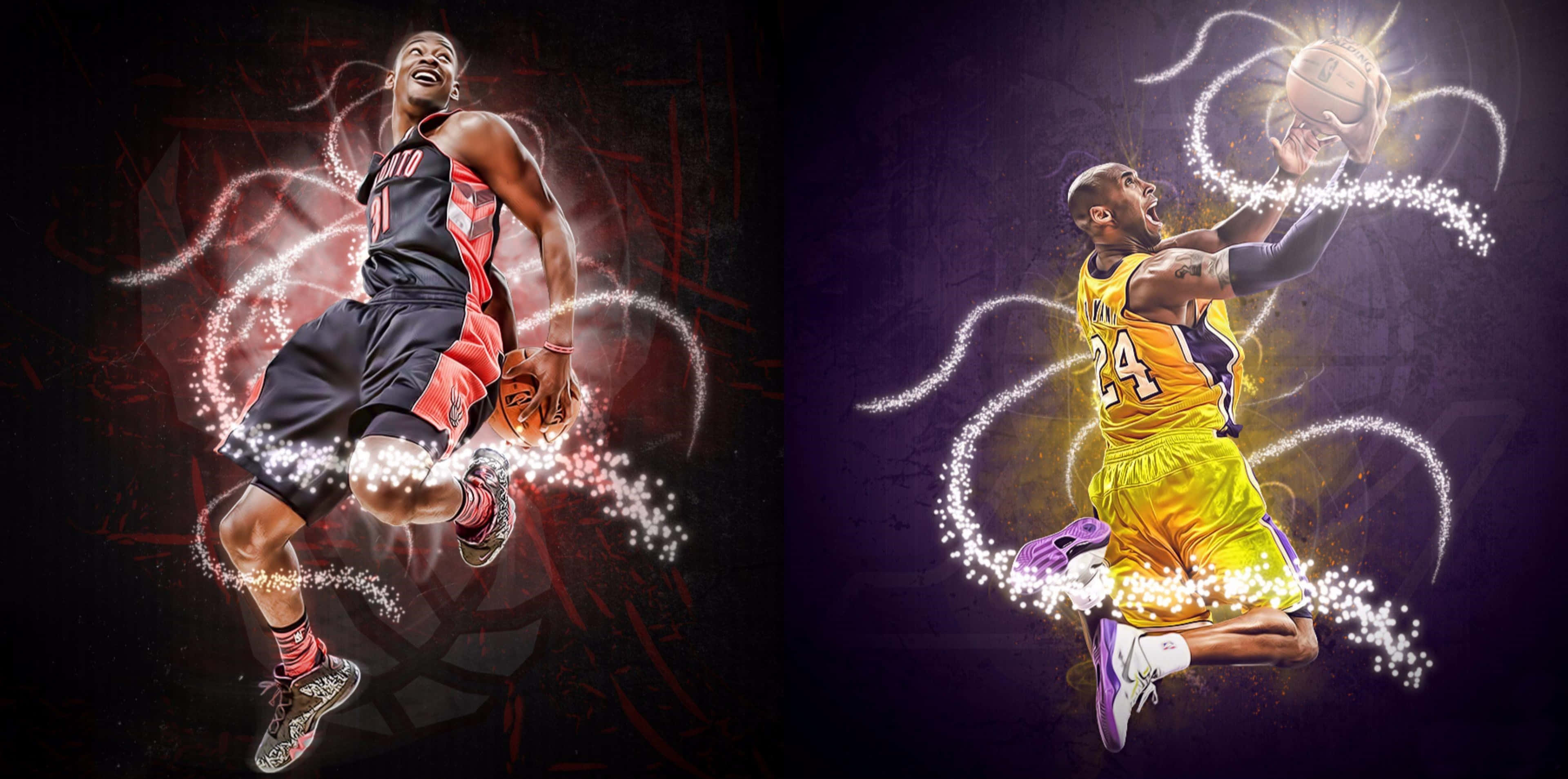Jordan And Kobe 桌布 壁紙 — 兩名籃球運動員在半空中擺出動態姿勢，被發光的能量軌跡包圍，背景為深色。