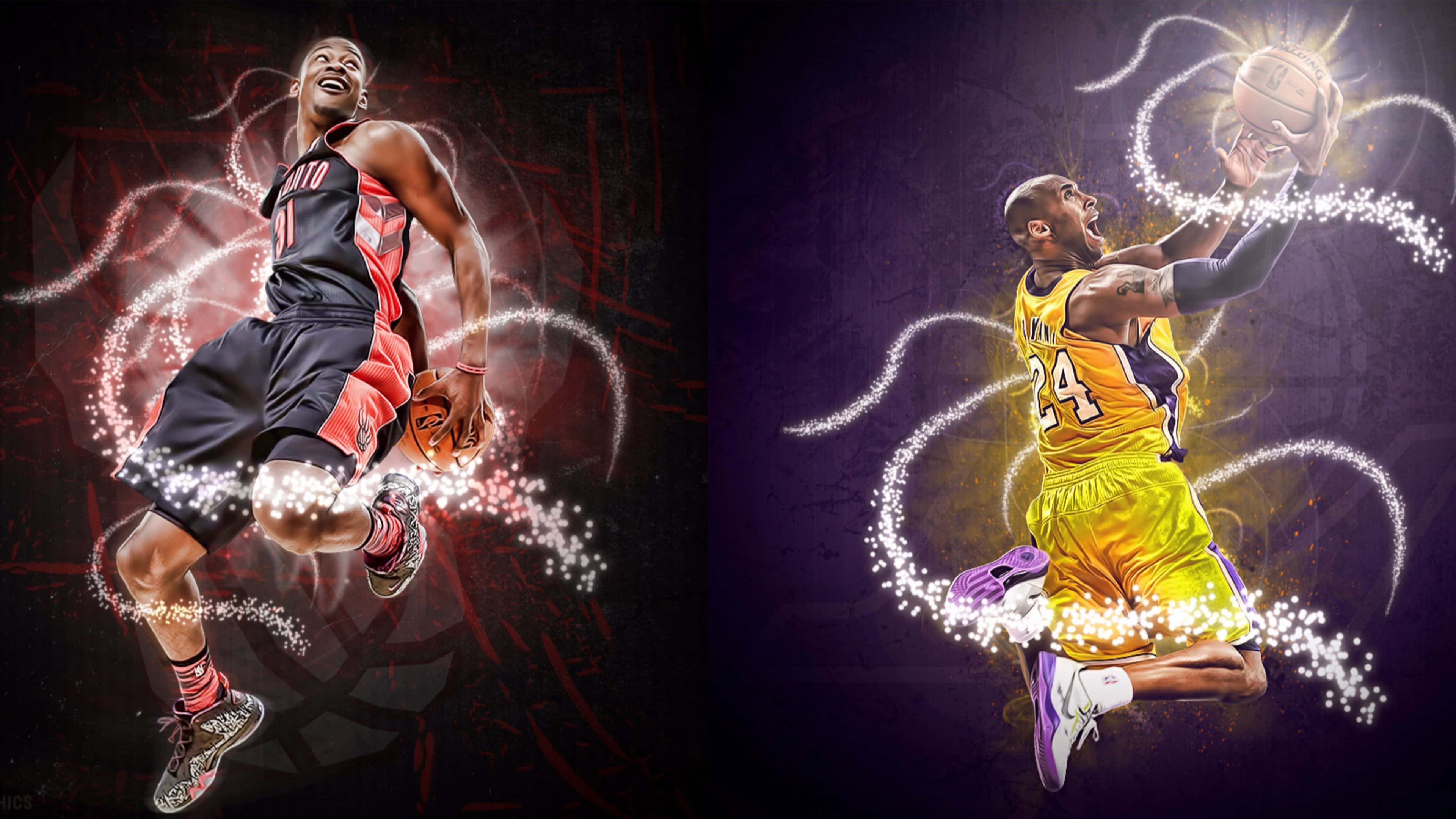 Kobe Basketball 桌布 壁紙 — 兩名籃球運動員在半空中擺出動態姿勢，被發光的能量軌跡包圍，背景為深色。