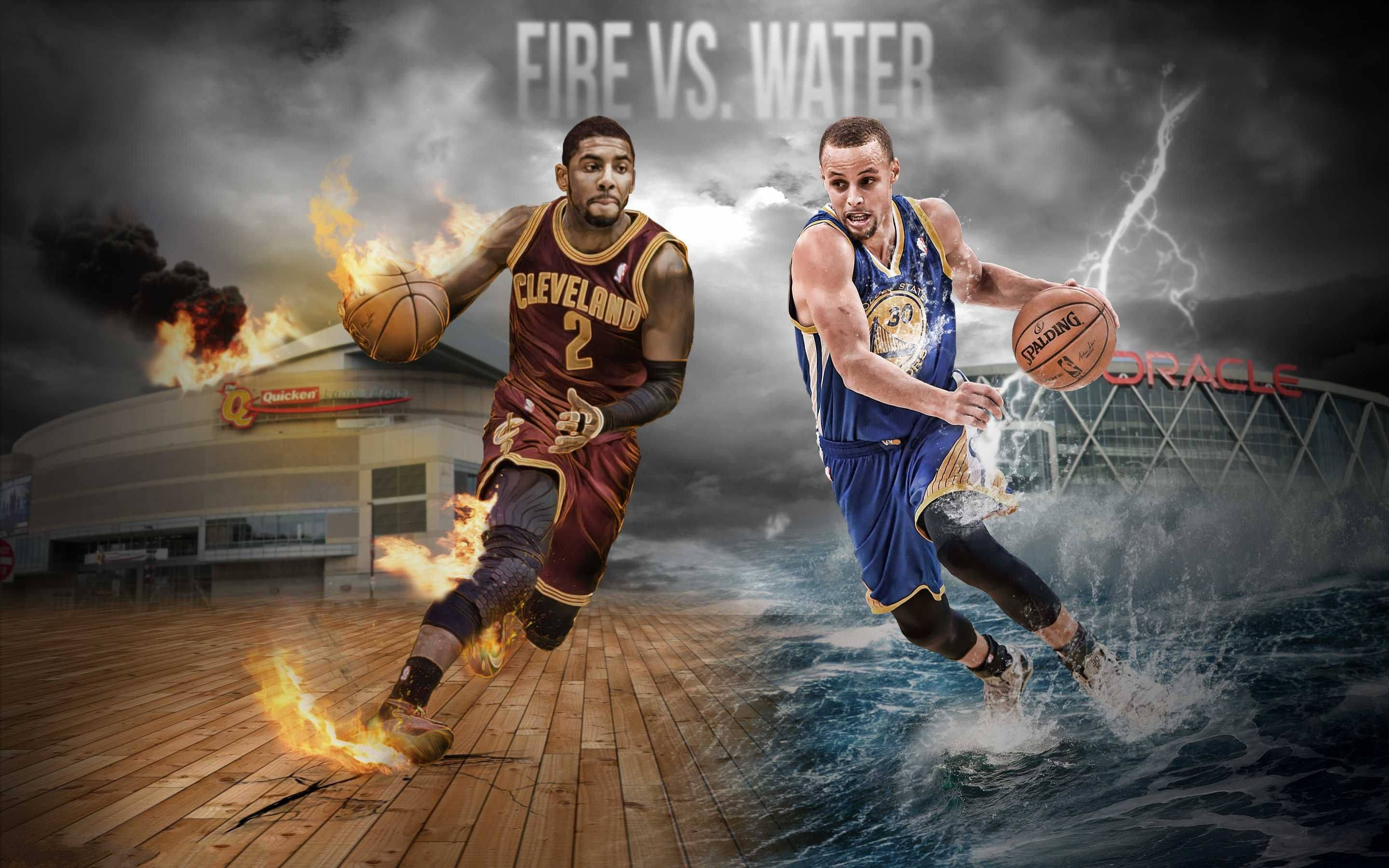Kyrie 桌布 壁紙 — 兩名籃球運動員在暴風雨天空和競技場背景下，以戲劇性的火與水元素碰撞。