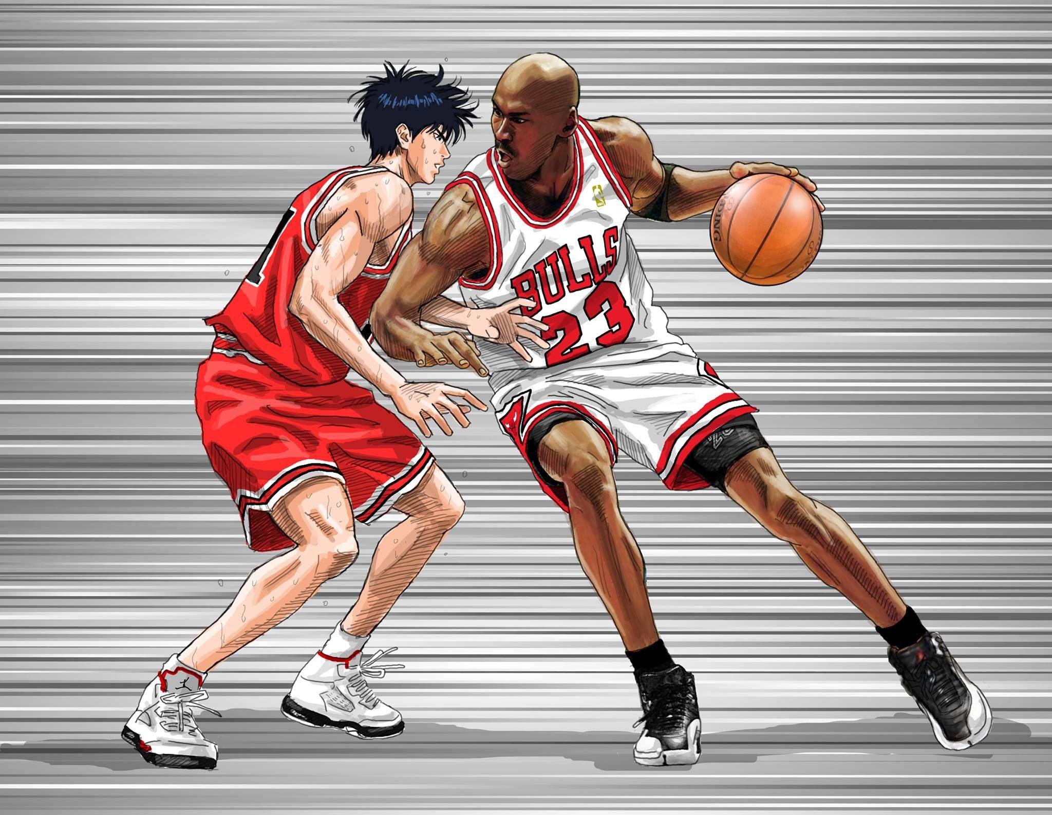 籃球 Jordan 桌布 壁紙 — 兩名籃球運動員正在比賽，一名穿紅色球衣防守另一名穿白色公牛球衣運球，背景為灰色條紋。