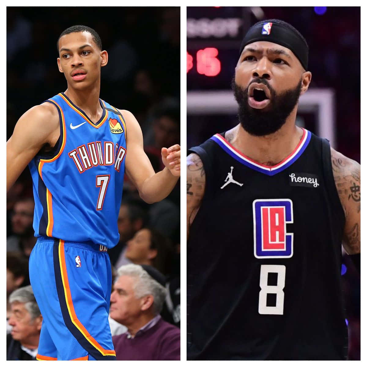 NBA 桌布 壁紙 — 兩名籃球運動員正在比賽中，一人身穿藍色雷霆球衣，另一人身穿黑色快艇球衣，雙方都展現出比賽中的強度。