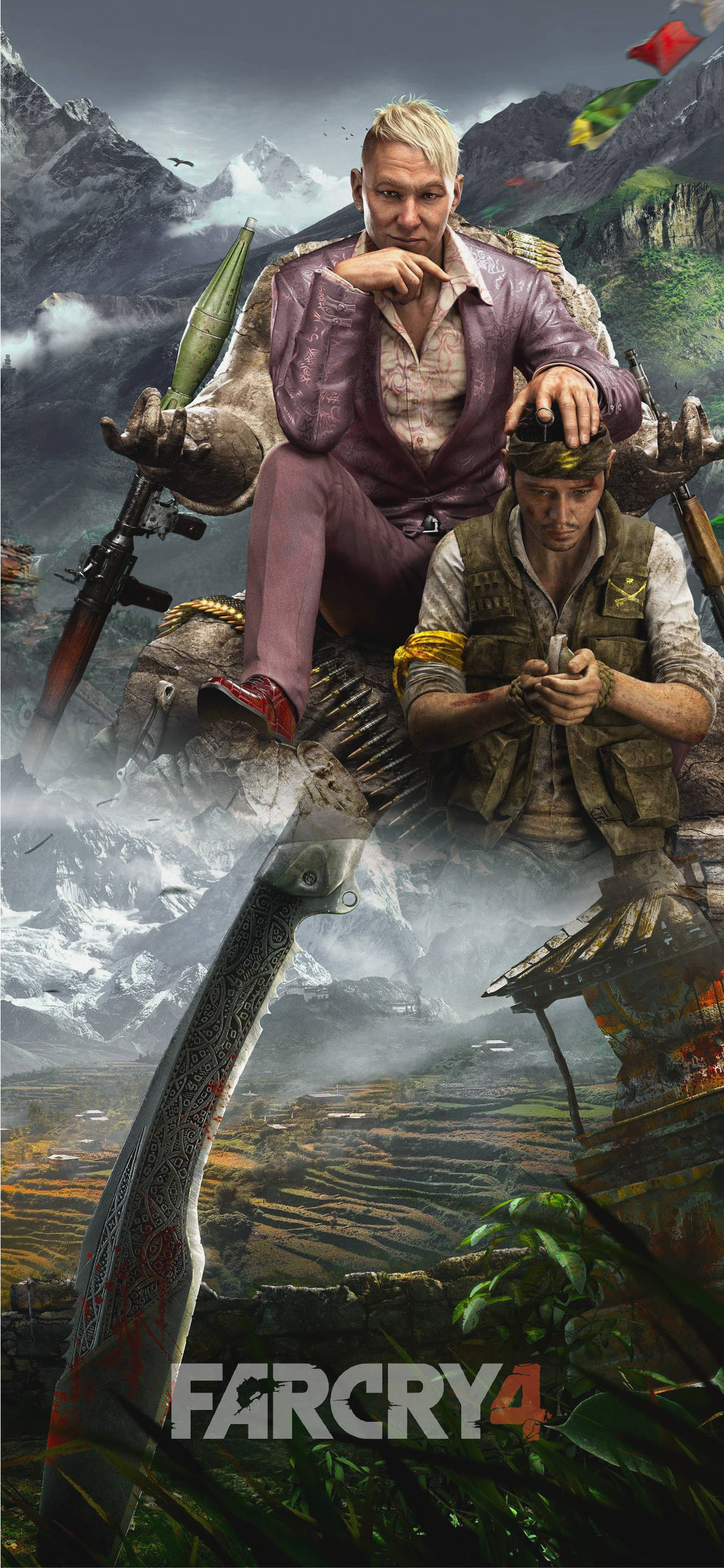 far cry iPhone 桌布 壁紙 — 兩名粗獷的傭兵坐在一把巨大的步槍上，身處霧氣瀰漫的山地叢林景觀中，有一面發光的紅旗。