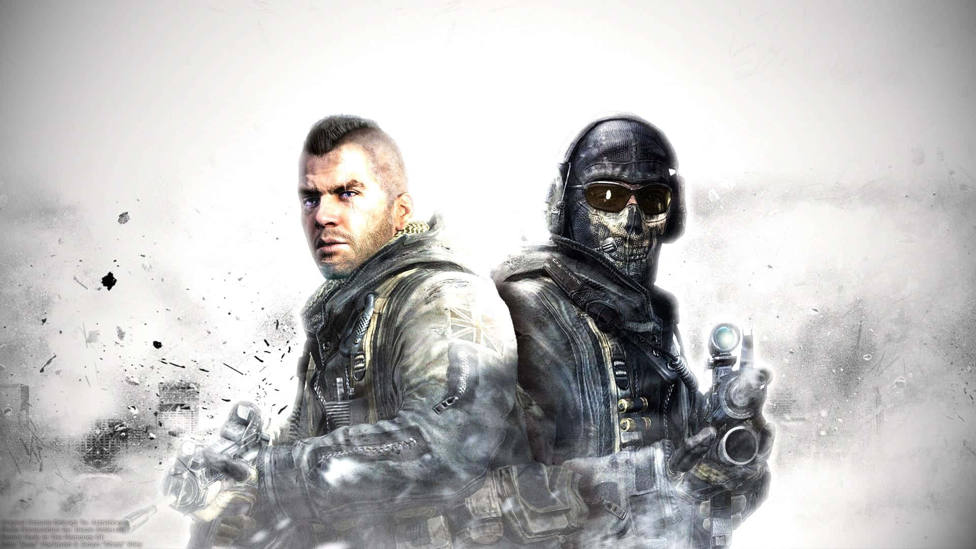 Soap Mactavish 桌布 壁紙 — 兩名粗獷的士兵在煙霧瀰漫的戰場上背靠背站立，一人戴著骷髏面具，另一人光頭，兩人都手持武器。