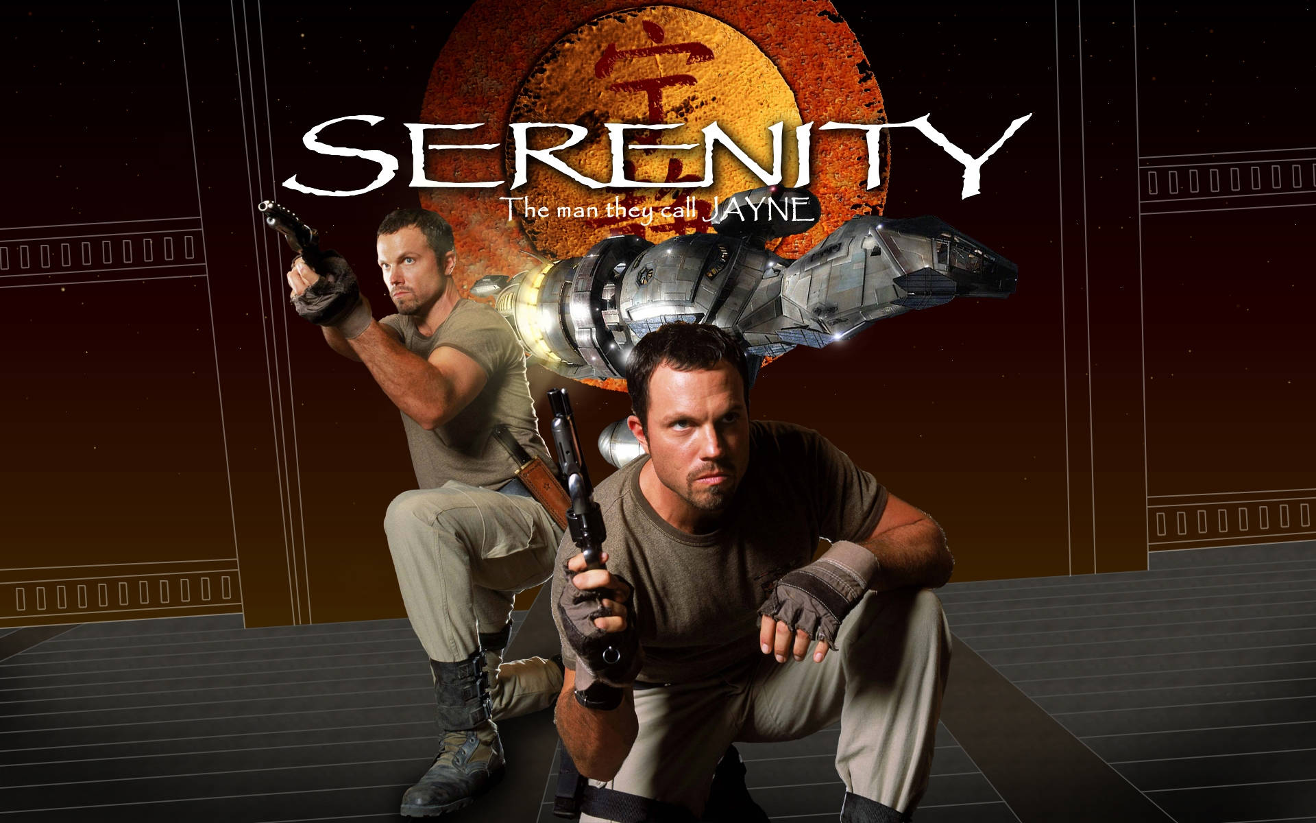 adam baldwin 桌布 壁紙 — 兩名粗獷的太空海軍陸戰隊員在太空船前蹲下，手持武器，背景是熾熱的橙色太陽。