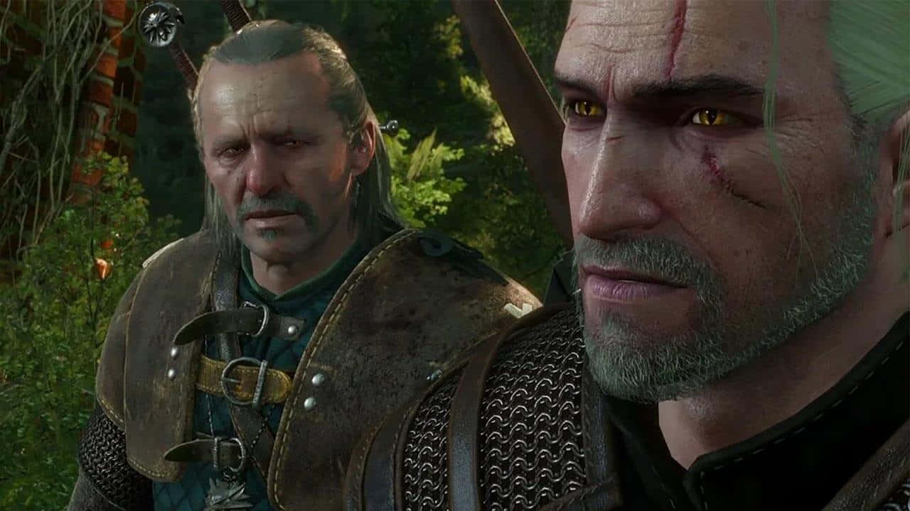 The Witcher Characters 桌布 壁紙 — 兩名粗獷的奇幻戰士身著精細盔甲，在陽光明媚的森林中站立，表情強烈。