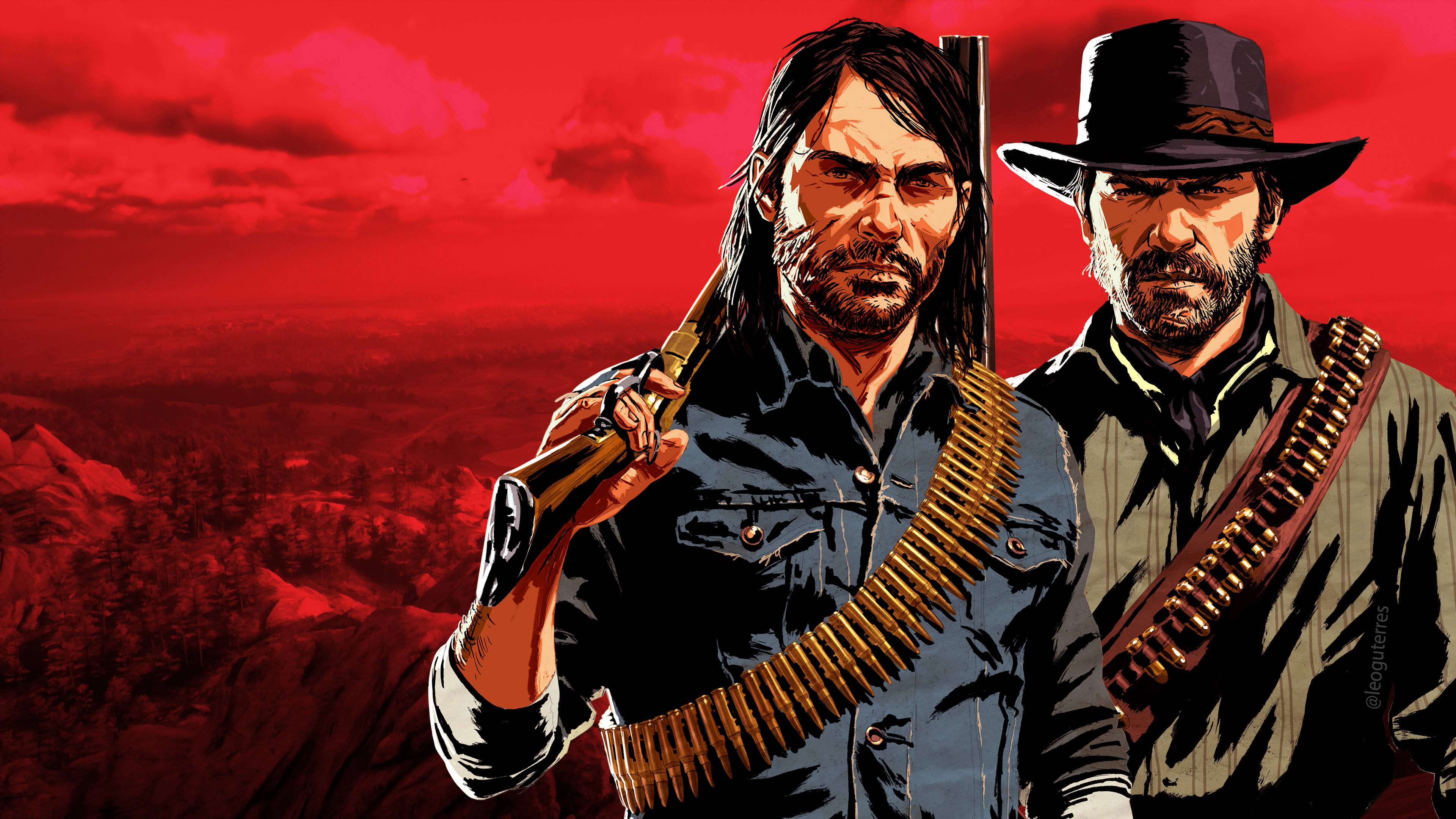 Red Dead Redemption 2 Pc 桌布 壁紙 — 兩名粗獷的牛仔手持步槍和彈藥帶，站在血紅色的天空下，背景是山巒起伏的西部景觀。