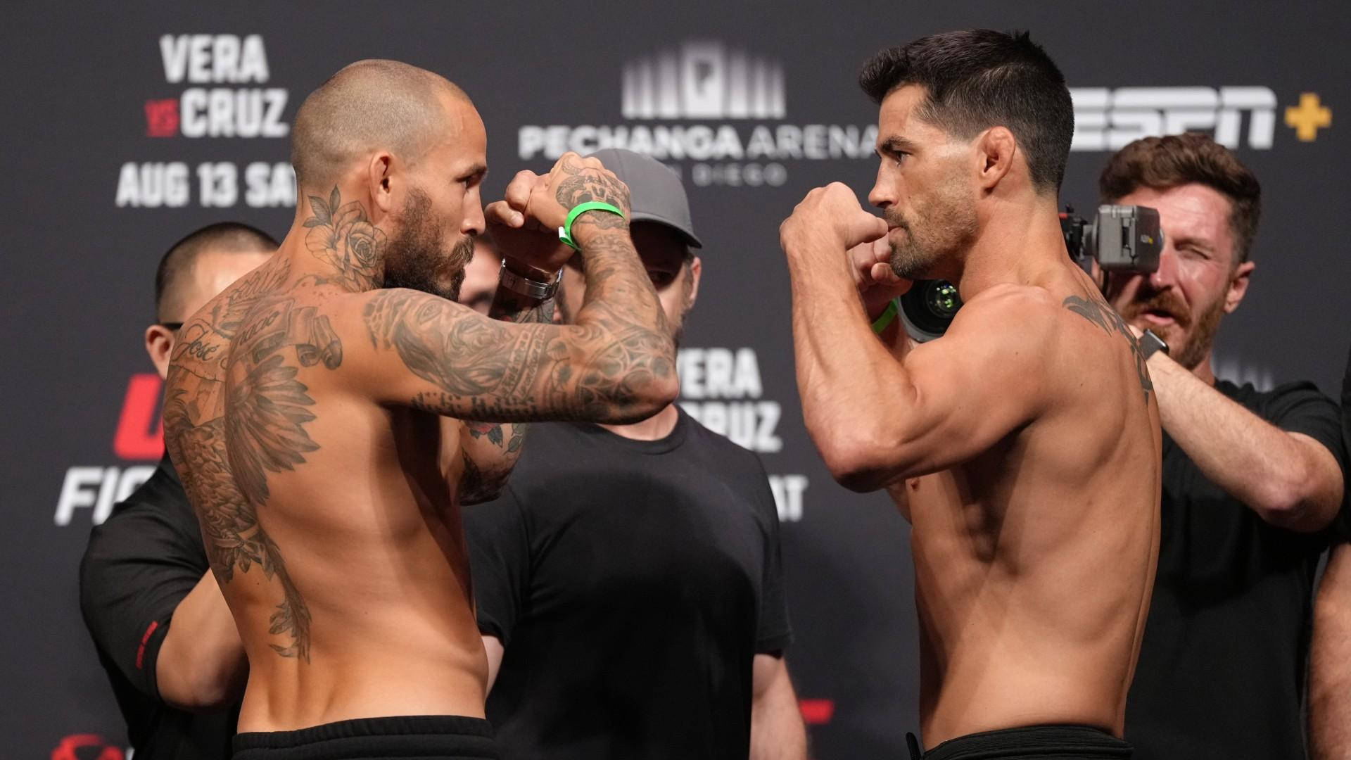 UFC 桌布 壁紙 — 兩名紋身MMA拳手在稱重活動中進行緊張的賽前對視。