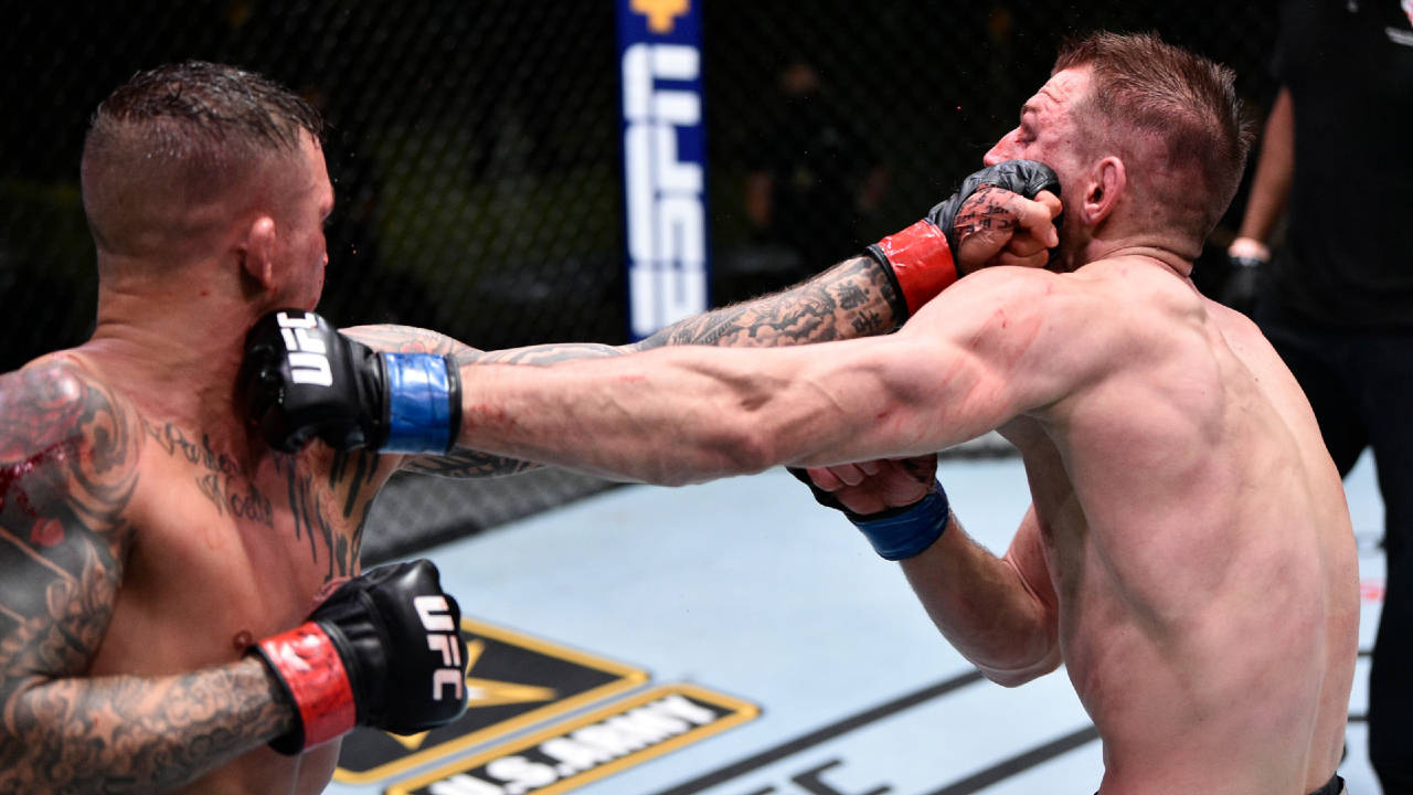 UFC 桌布 壁紙 — 兩名紋身MMA拳手在籠中交鋒，其中一人向對方臉部擊出強力一拳。
