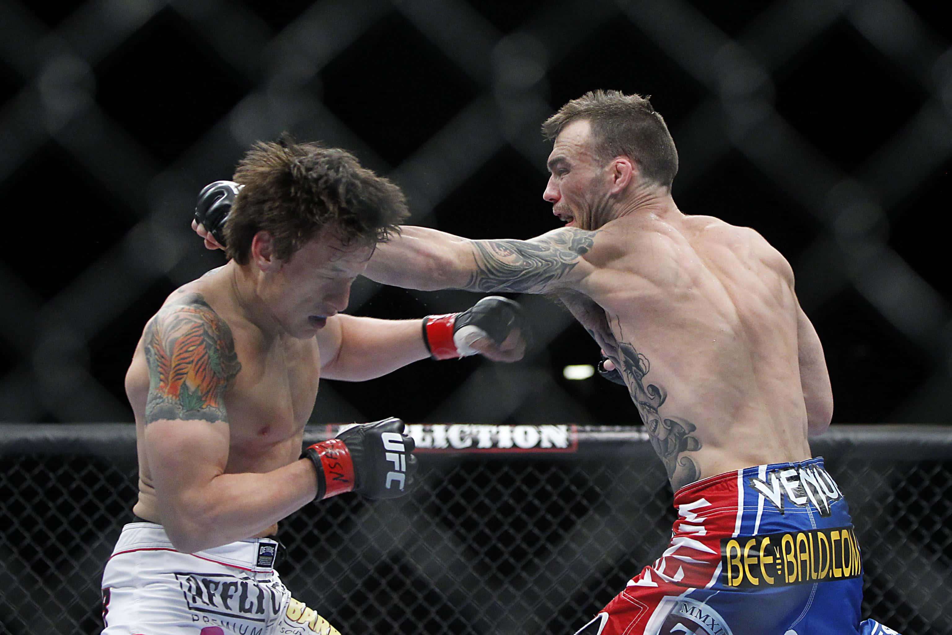 UFC 桌布 壁紙 — 兩名紋身MMA拳手在籠中搏鬥，其中一人向對手面部打出強力一拳。