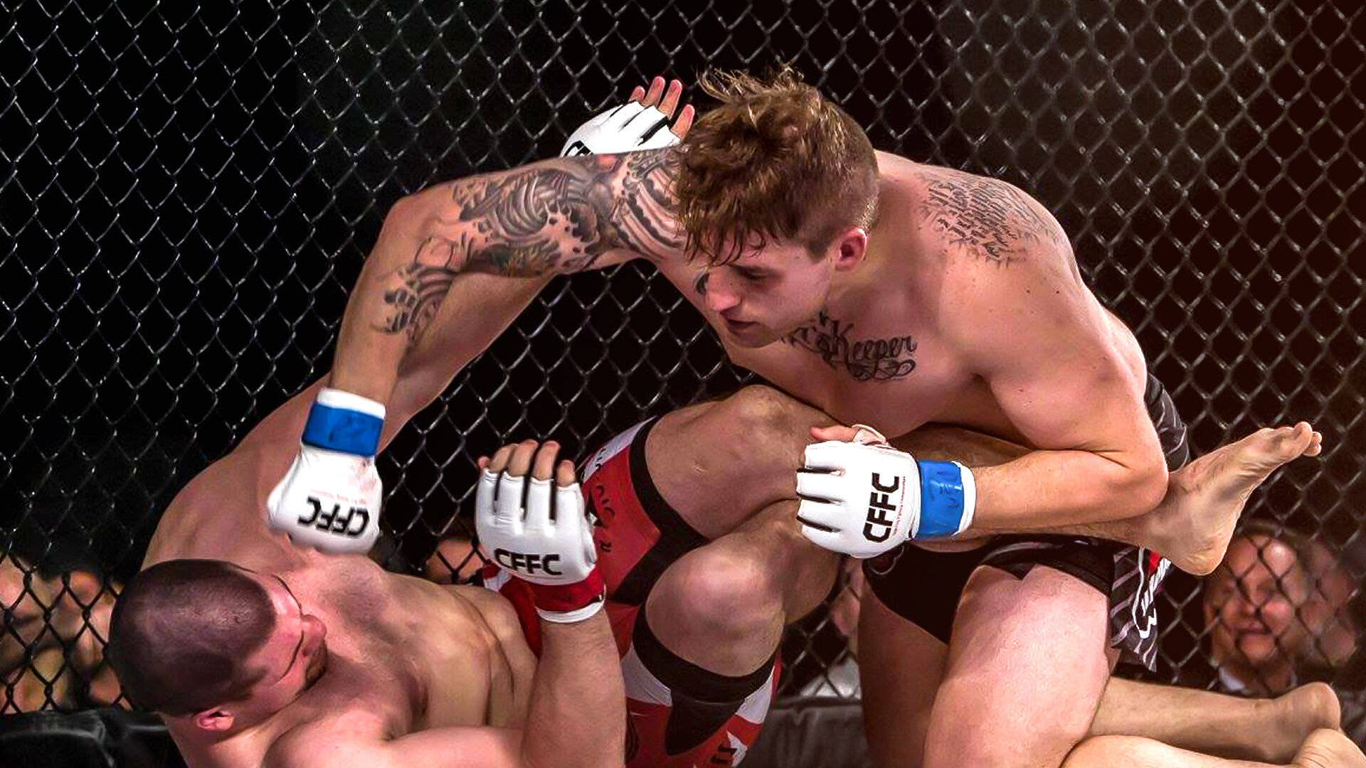 MMA 桌布 壁紙 — 兩名紋身MMA拳手在鐵絲網籠內激烈纏鬥，進行近距離搏擊比賽。