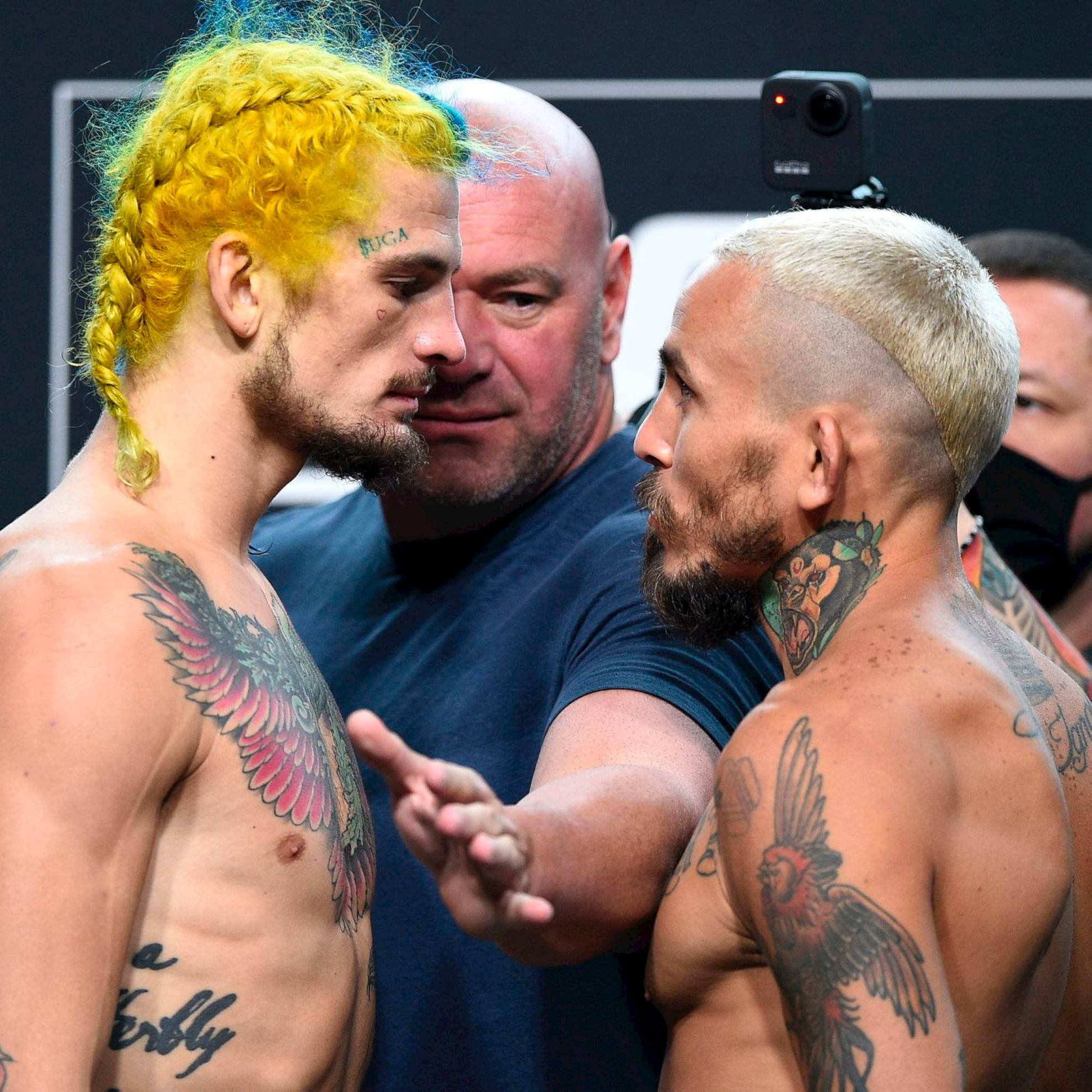 UFC 桌布 壁紙 — 兩名紋身戰士擁有鮮豔的頭髮，在明亮的場館燈光下於比賽前激烈對峙。