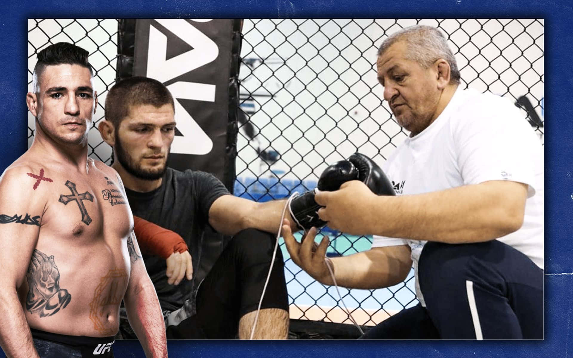 MMA 桌布 壁紙 — 兩名紋身戰士站在教練旁邊，教練正在MMA八角籠內纏繞手套。