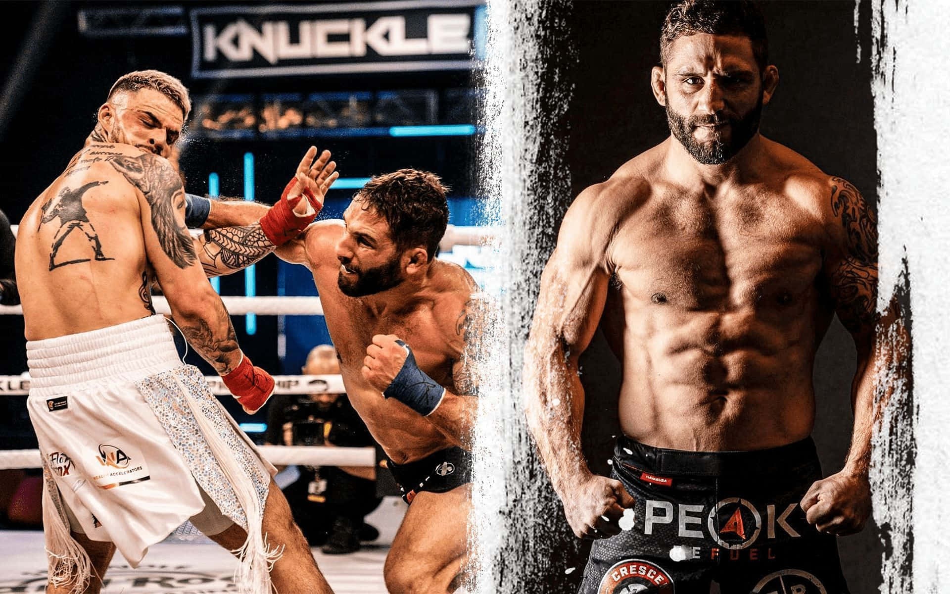 MMA 桌布 壁紙 — 兩名紋身拳手在拳擊台上交鋒，一名肌肉發達的運動員透過帶有水痕的屏障凝視著。