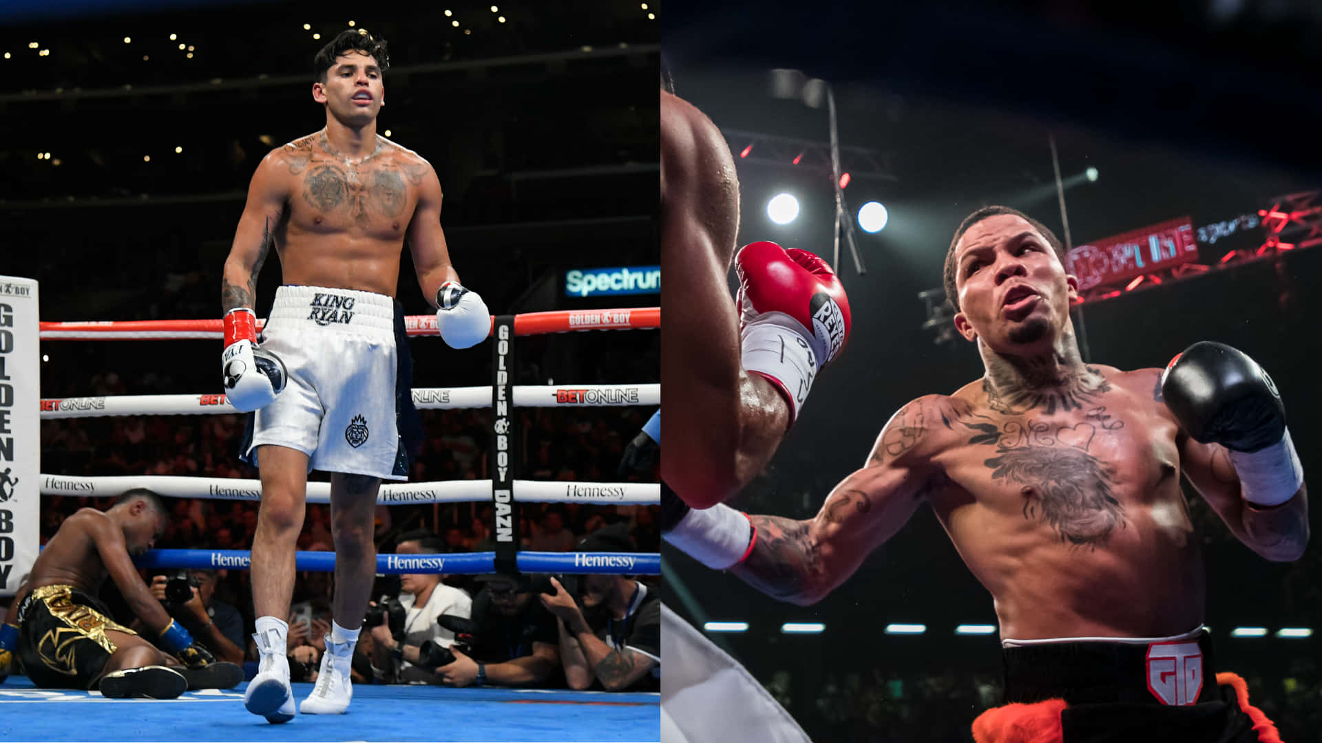 Ryan Garcia 桌布 壁紙 — 兩名紋身拳擊手在擂台上，一人勝利地站在倒下的對手之上，另一人正在出拳，在明亮的場館燈光下。