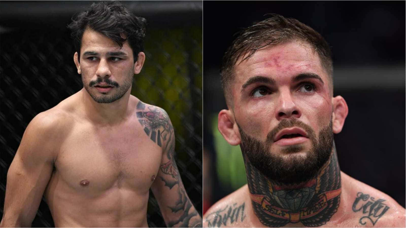 UFC 桌布 壁紙 — 兩名紋身男性MMA拳手在八角籠中，一人滿臉鮮血，另一人眼神凌厲。