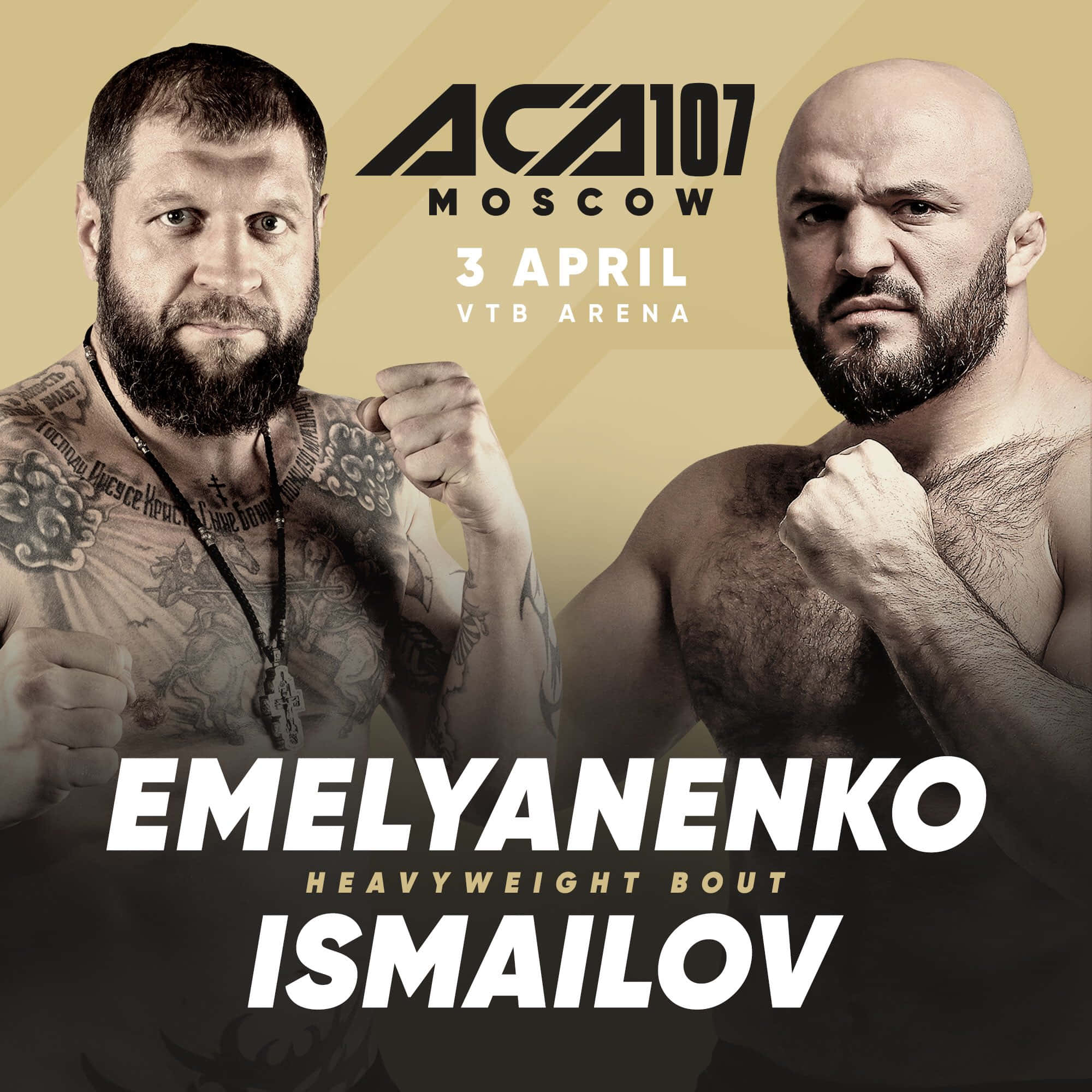 MMA 桌布 壁紙 — 兩名紋身重量級拳手Emelyanenko和Ismailov為ACA 107莫斯科活動海報激烈擺姿勢。