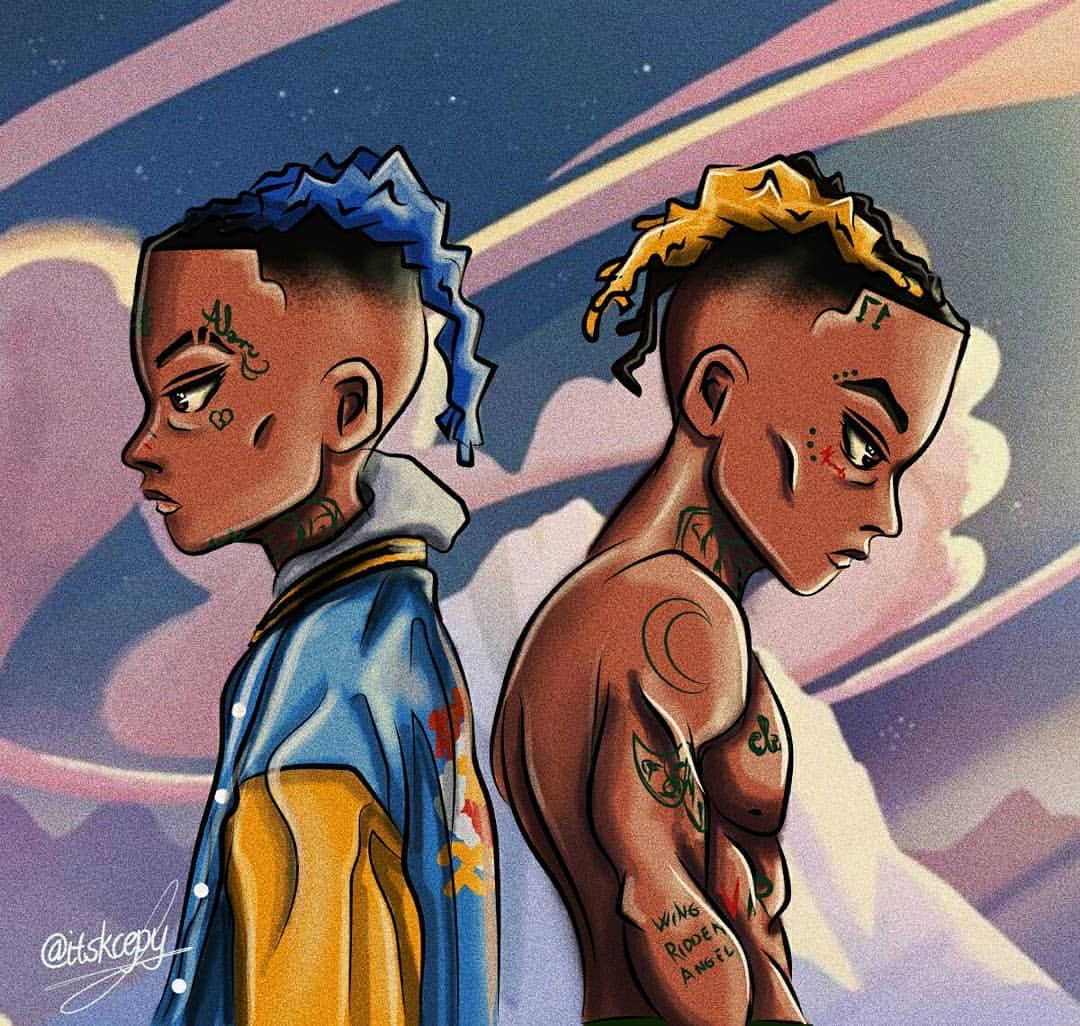 酷酷的xxxtentacion 桌布 壁紙 — 兩名紋身青年，擁有鮮豔的藍色和黃色頭髮，側面站立，背景是帶有粉紅色和紫色條紋的宇宙天空。