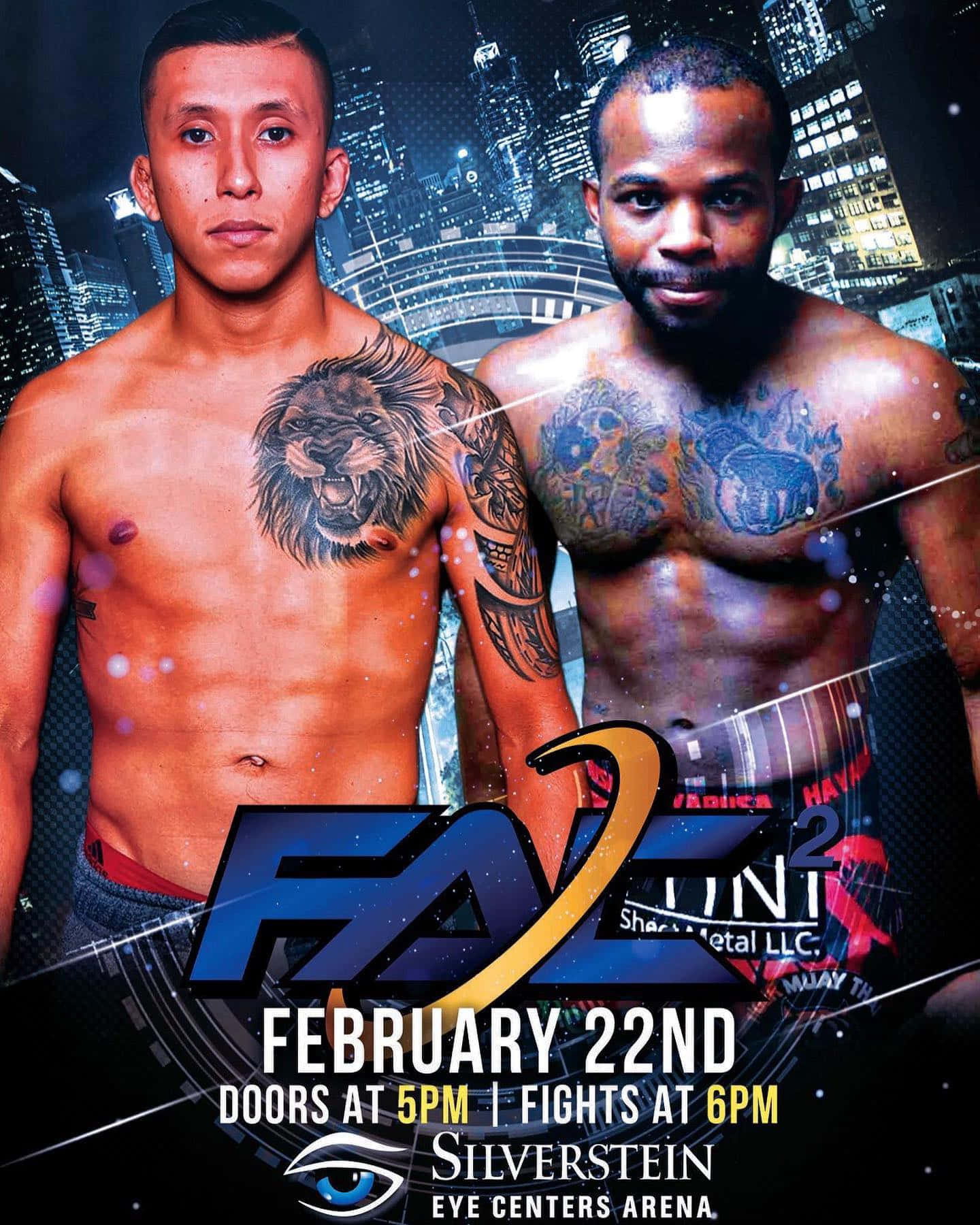 MMA 桌布 壁紙 — 兩名紋身鬥士在發光的城市天際線背景下為格鬥活動海報擺出強烈姿勢。