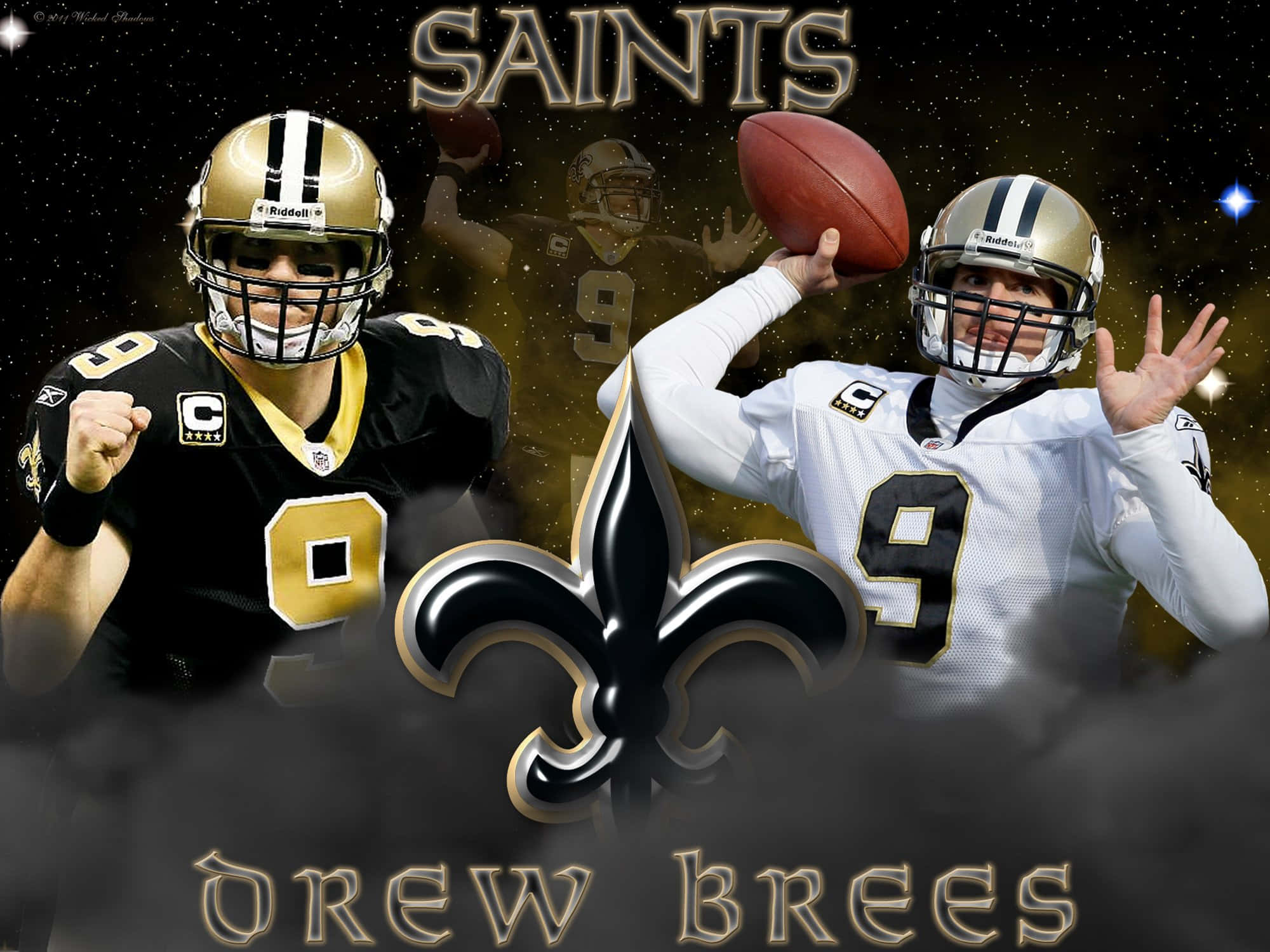 NFL Saints 桌布 壁紙 — 兩名紐奧良聖徒隊美式足球員身穿黑金色球衣，在滿天星斗的夜空下，以大型鳶尾花標誌為背景，擺出充滿動感的姿勢。