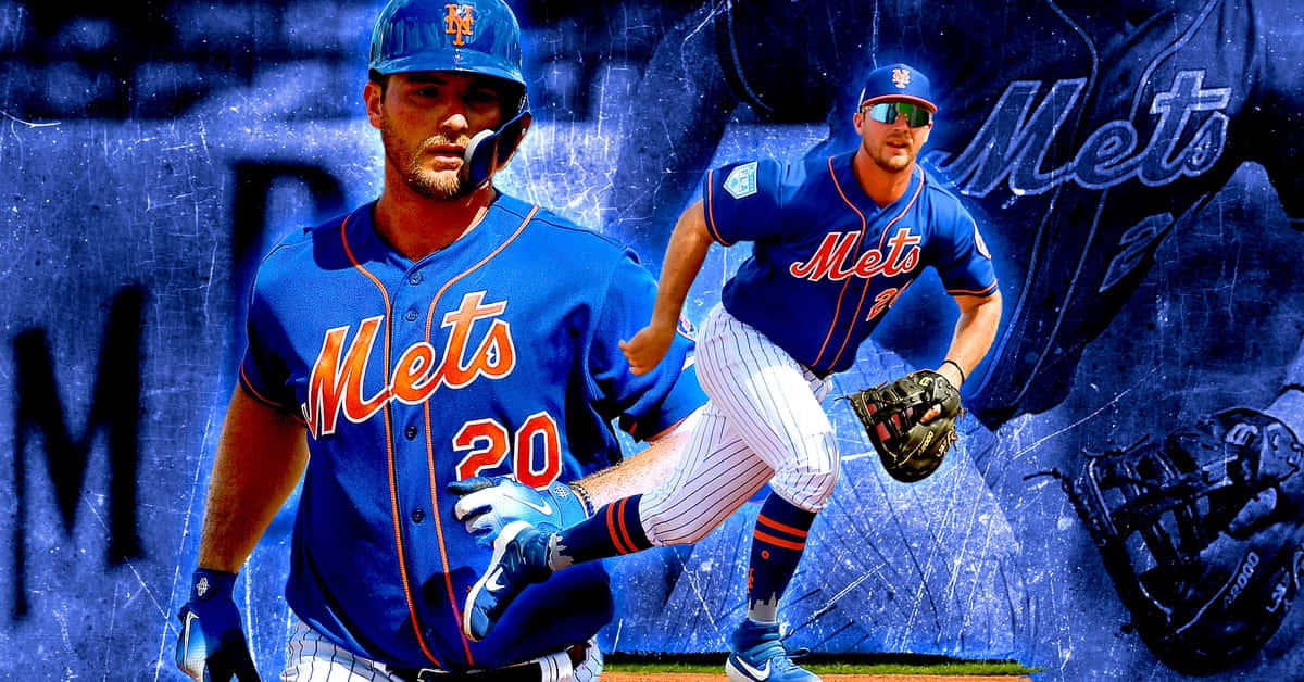 Pete Alonso 桌布 壁紙 — 兩名紐約大都會棒球選手身穿藍色球衣，在帶有球隊品牌標誌的紋理藍色背景前動態擺姿勢。