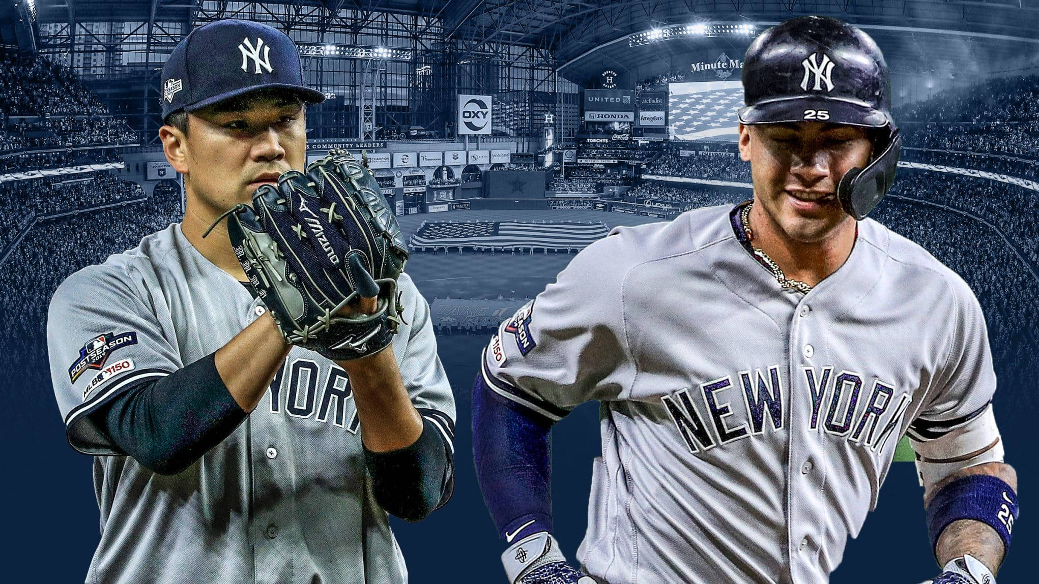 masahiro tanaka 桌布 壁紙 — 兩名紐約洋基棒球選手在明亮燈光下以球場為背景擺出動作姿勢。