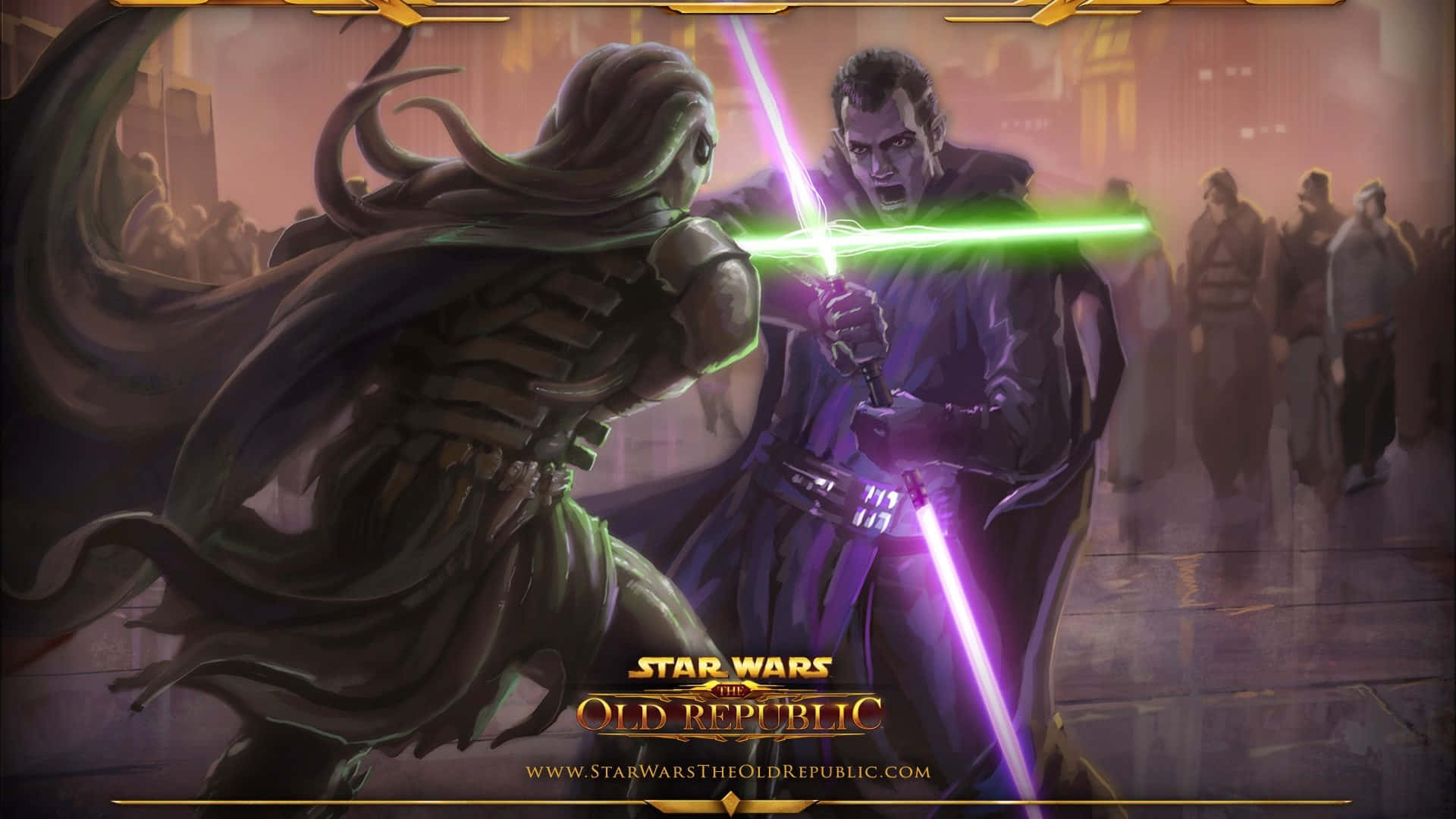 Lightsaber Duels 桌布 壁紙 — 兩名絕地武士在煙霧瀰漫的城市小巷中用綠色和紫色的光劍決鬥，旁觀者觀看。
