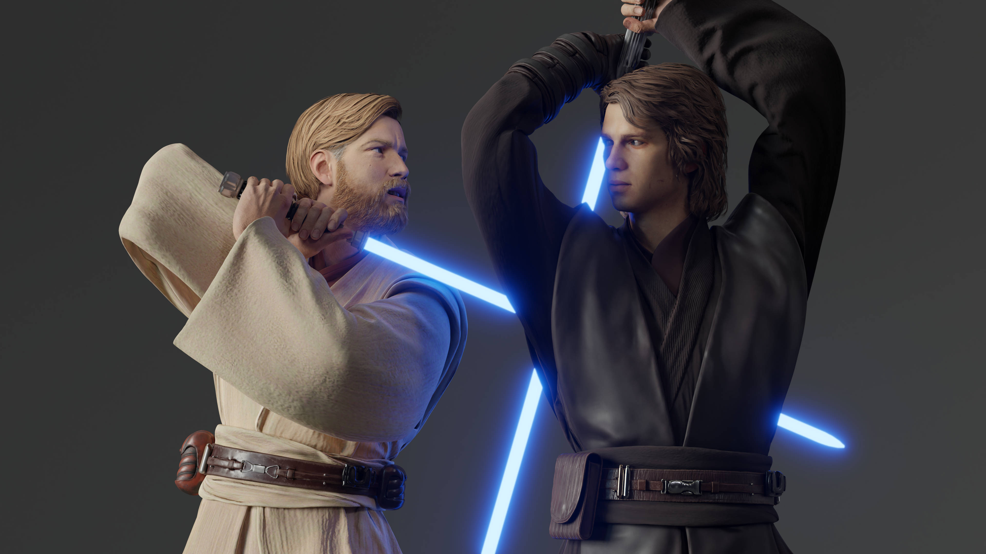 Kenobi 桌布 壁紙 — 兩名絕地武士在黑暗的攝影棚背景下，手持發光的藍色光劍進行緊張的光劍決鬥。