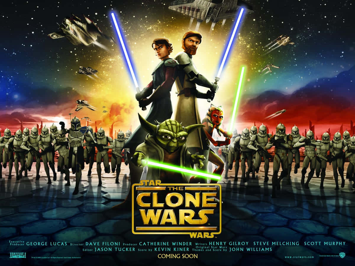 The Clone Army 桌布 壁紙 — 兩名絕地武士手持藍色和綠色的光劍站在戰場上，而複製人士兵在星空下前進，星際戰鬥機在空中飛翔。