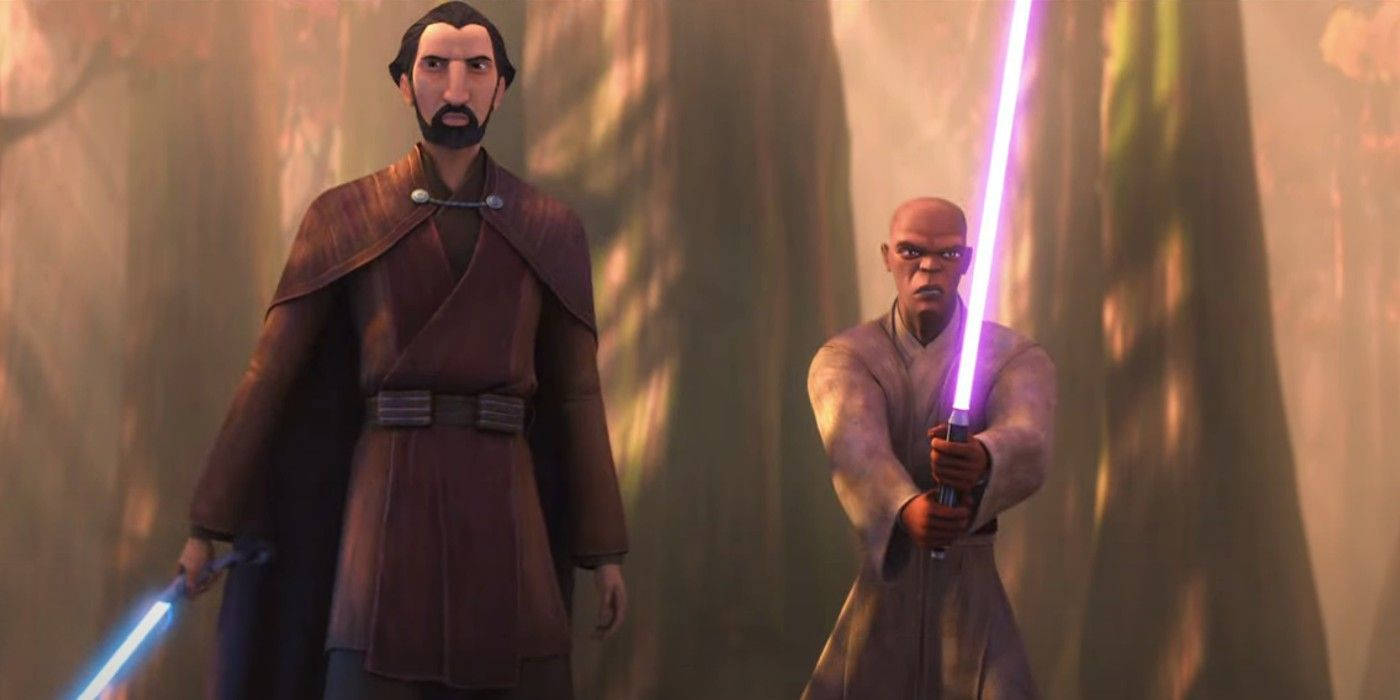 Jedi 桌布 壁紙 — 兩名絕地武士站在迷霧森林中，一人揮舞藍色光劍，另一人揮舞紫色光劍，兩人均擺出戰鬥姿勢。