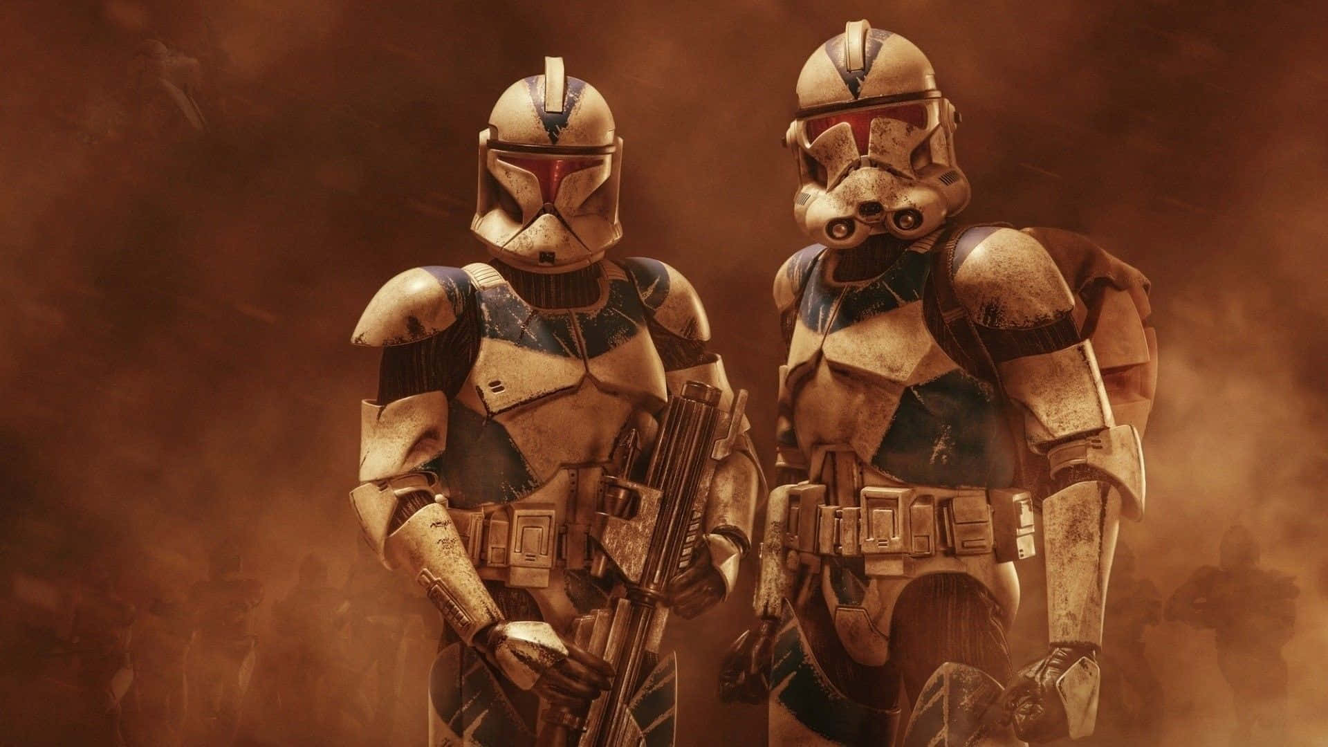 Star Wars Clone Troopers 桌布 壁紙 — 兩名經歷戰鬥的克隆人士兵站在塵霧中，身穿磨損的盔甲，手持拔出的爆能槍。